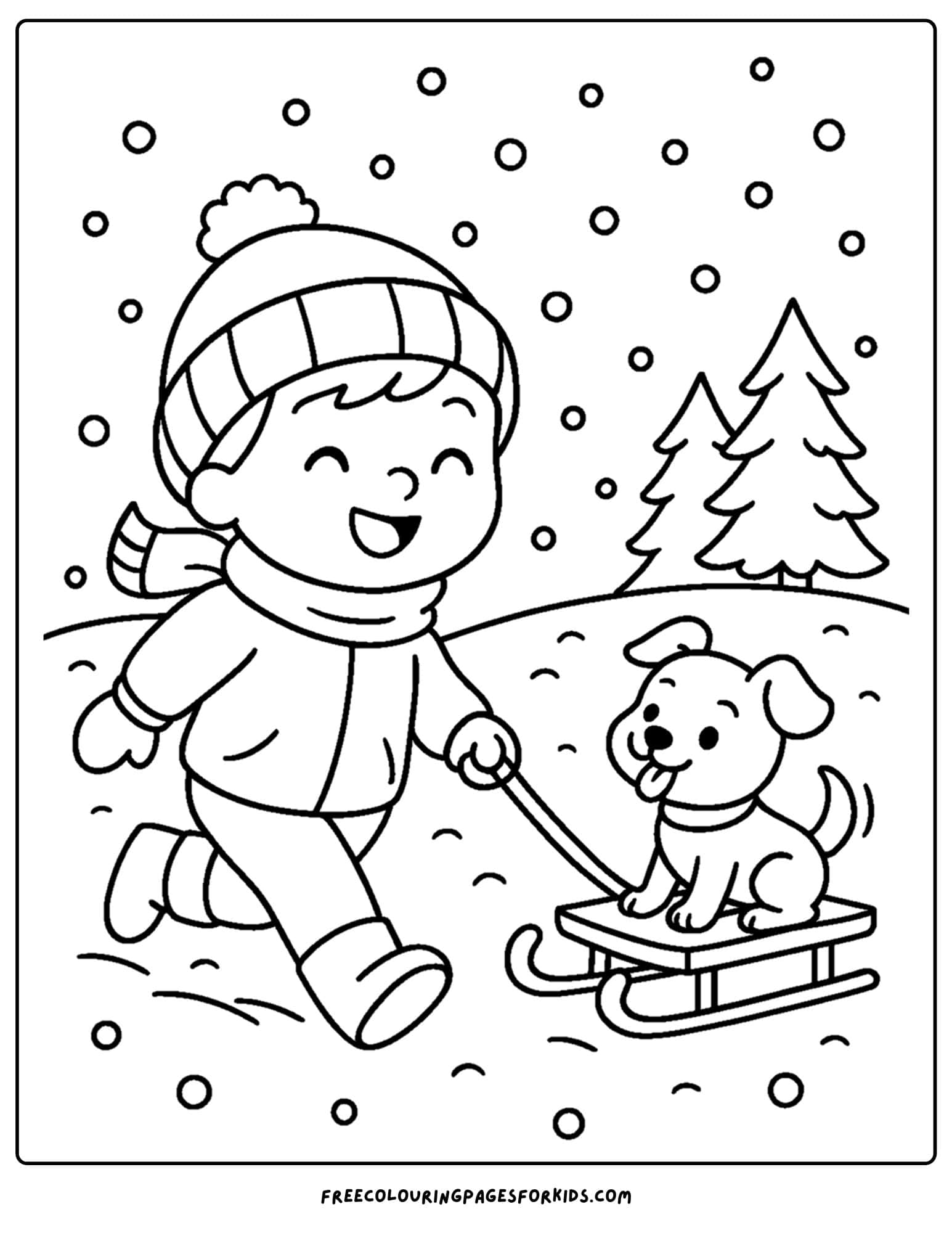 a winter coloring page of a child pulling a puppy on a sled