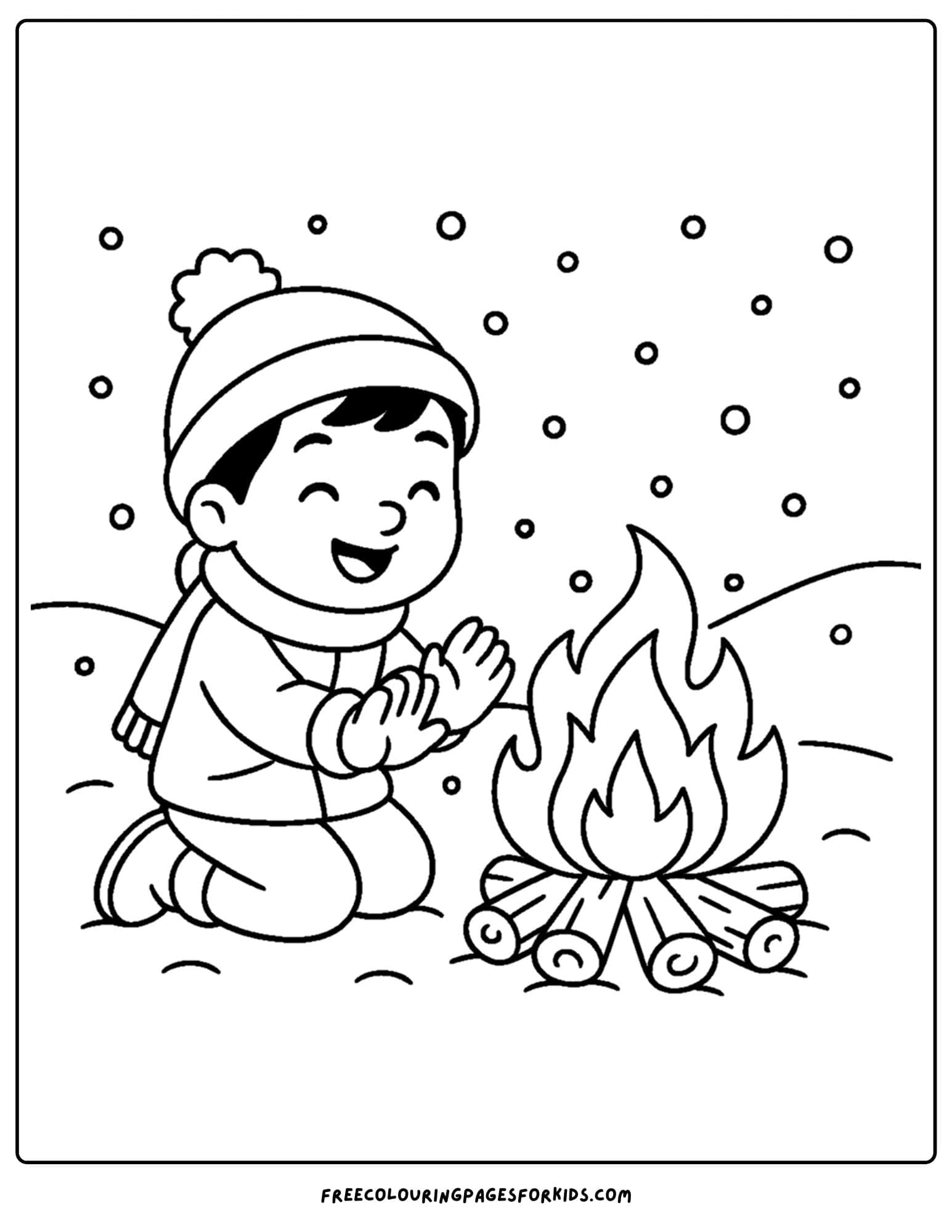 a winter coloring page of a child keeping warm by the fire