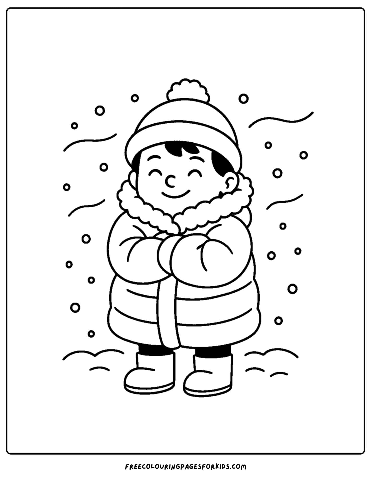 a winter coloring page of a child rugged up in a big coat