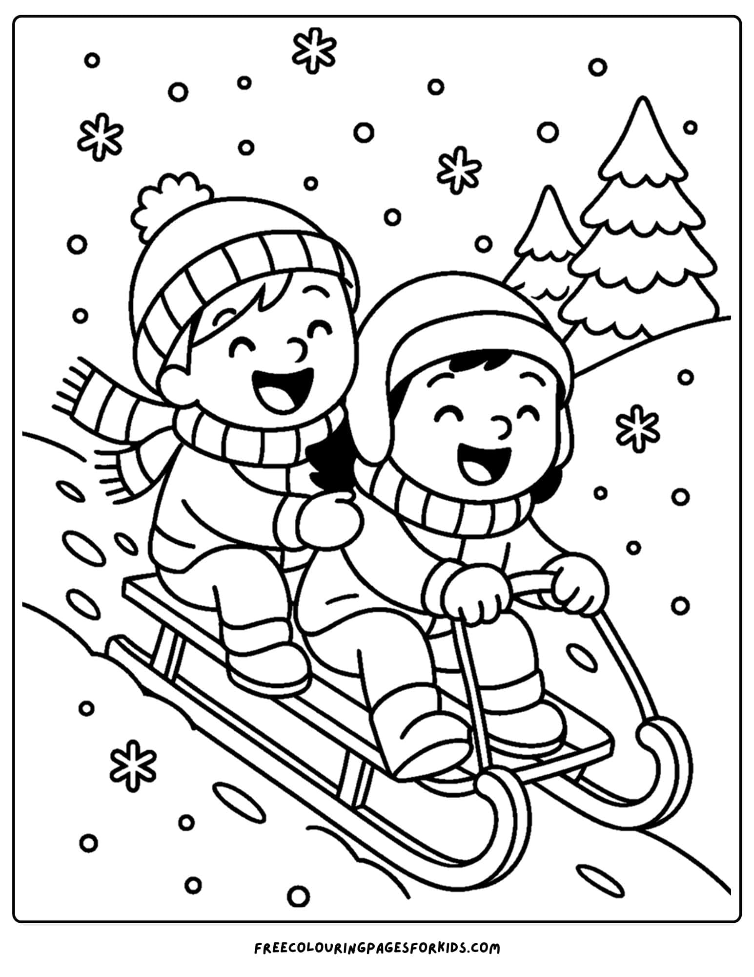 a winter coloring page of children sledding down a hill