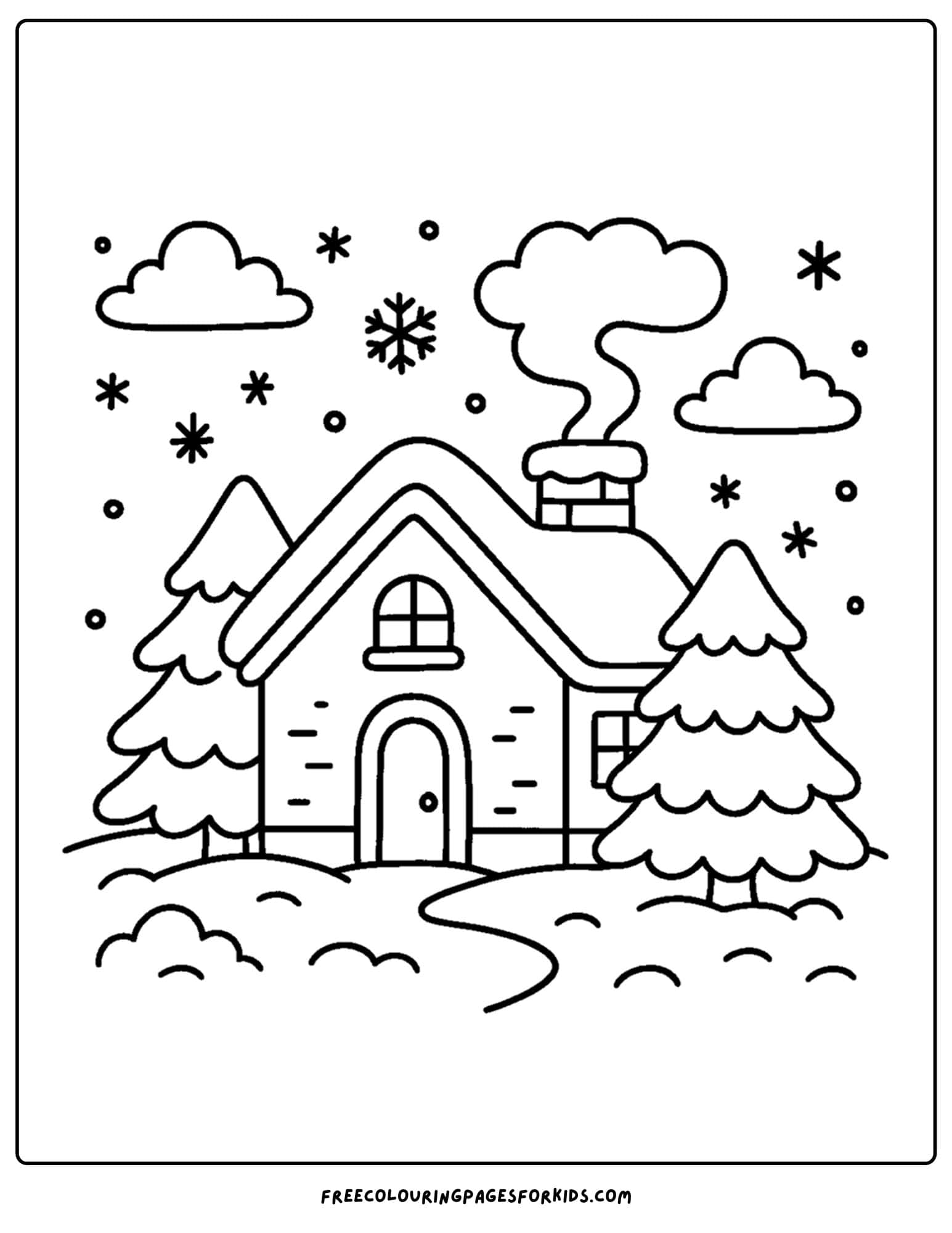 a winter coloring page of a cozy house in a winter snowy landscape