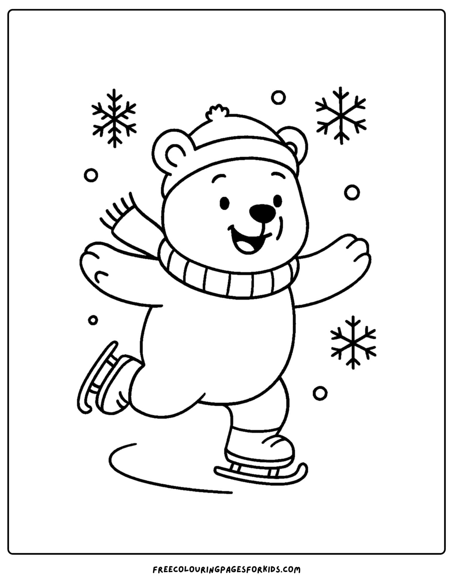 a winter coloring page of a cute polar bear ice skating