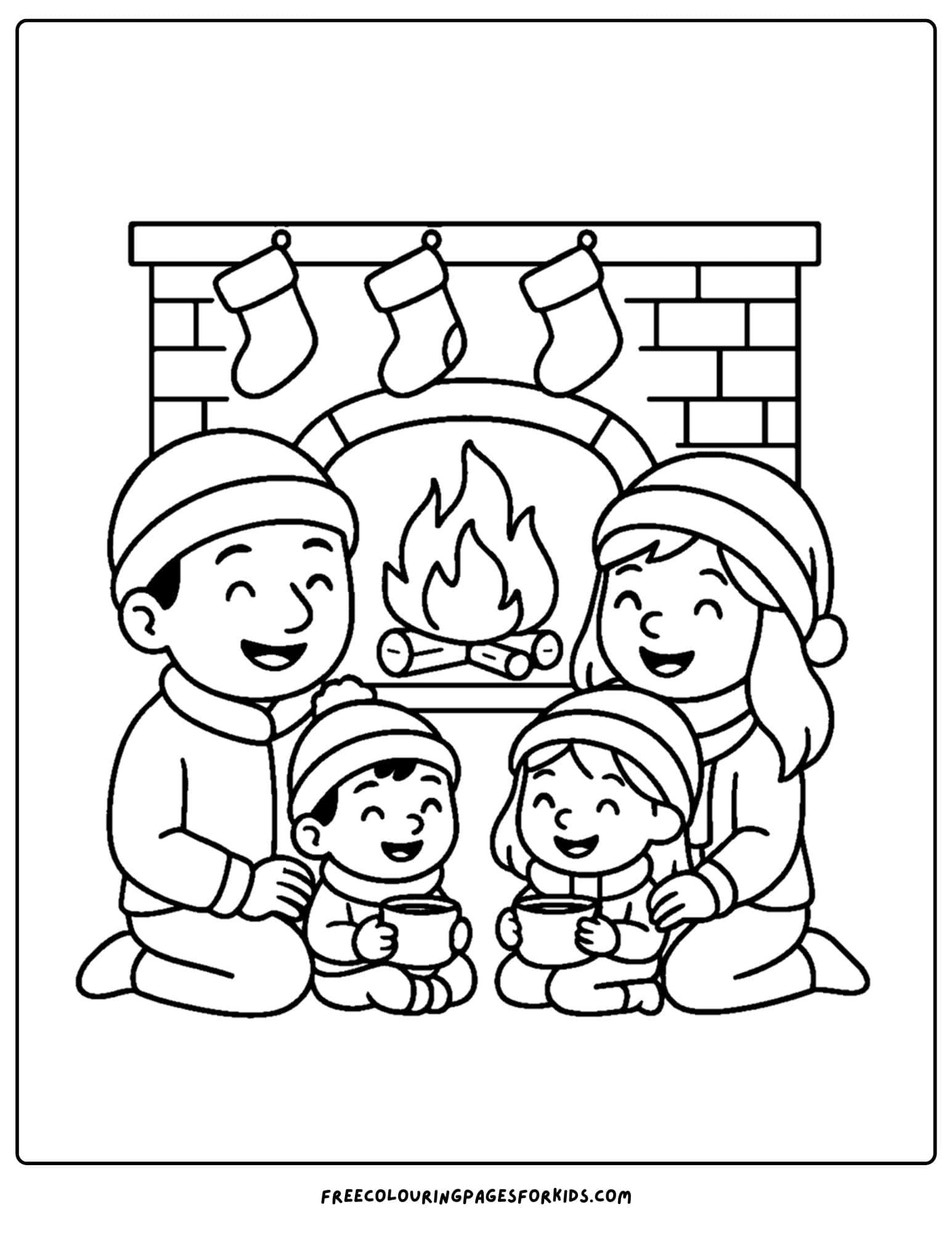 a winter coloring page of a family sitting by a fireplace