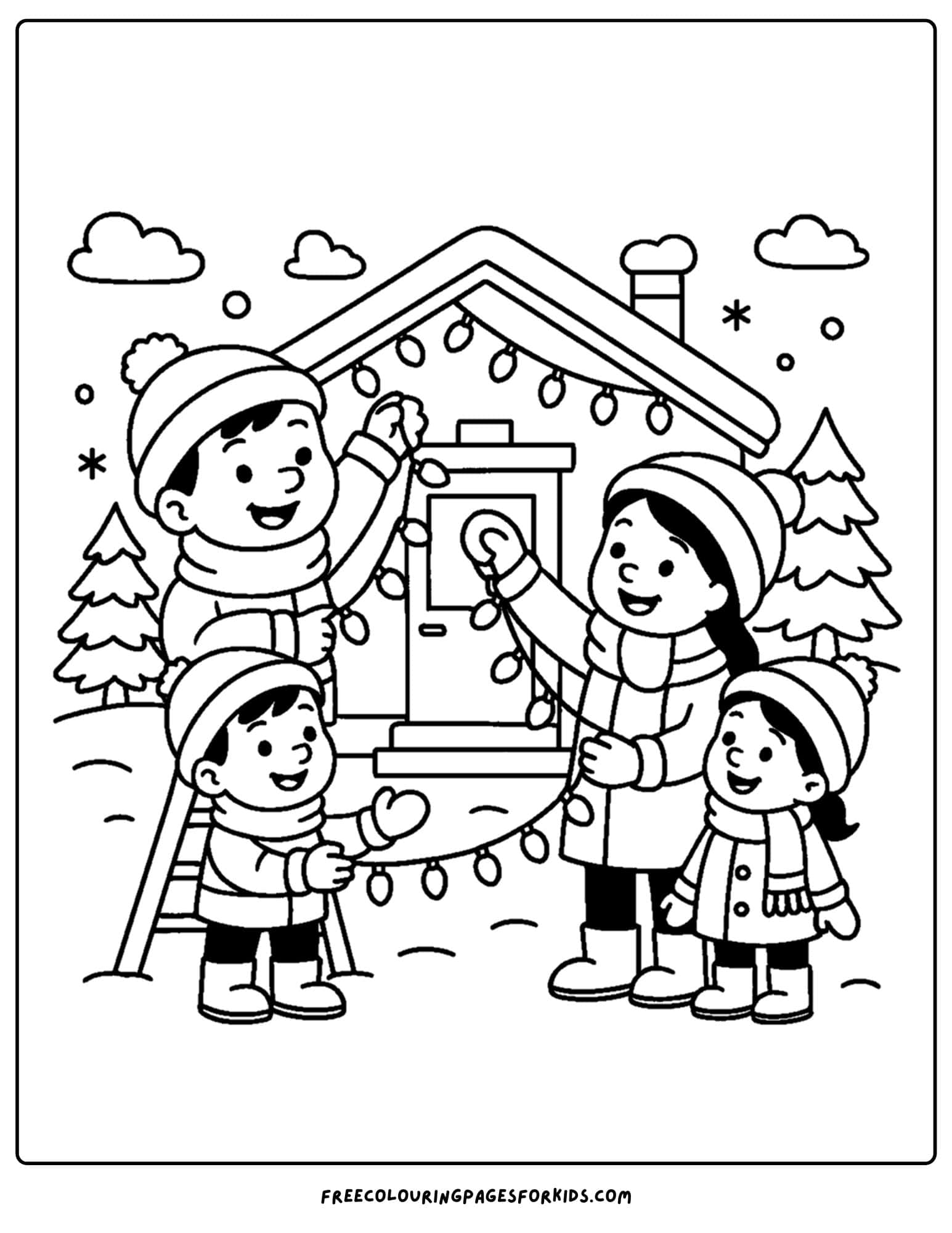 a winter coloring page of a family decorating their house with winter lights