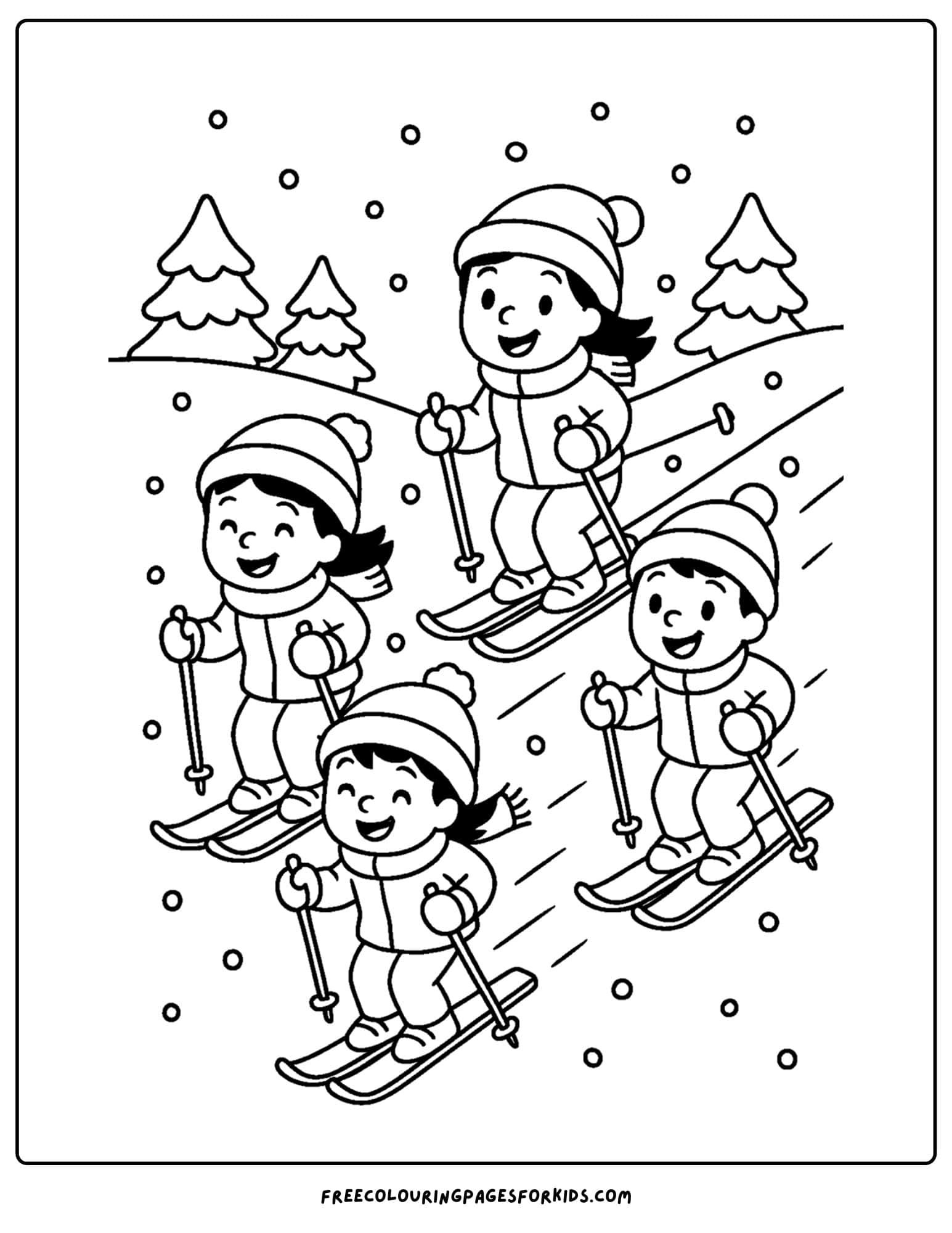 a winter coloring page of a family skiing down a slope