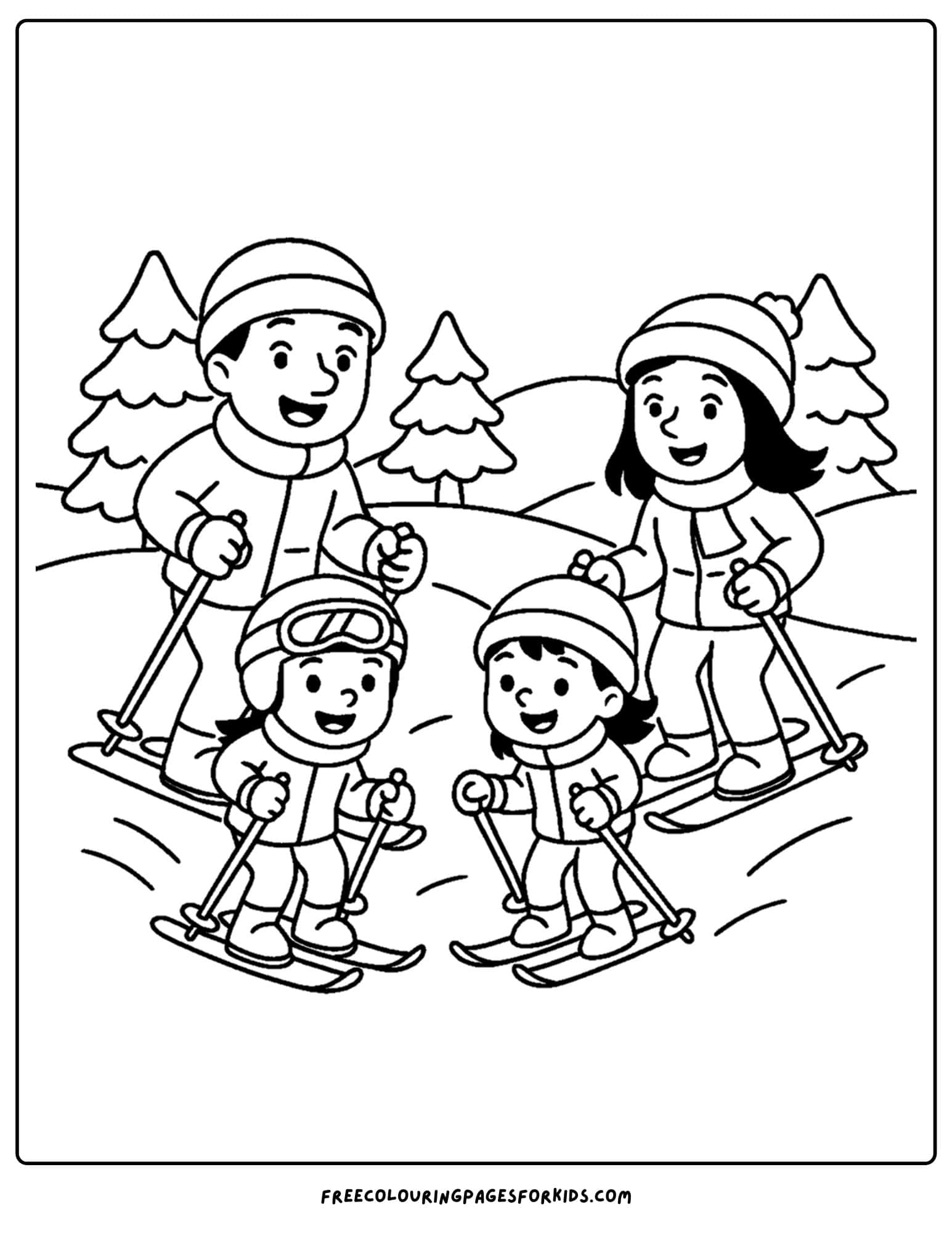 a winter coloring page of a family on the slopes