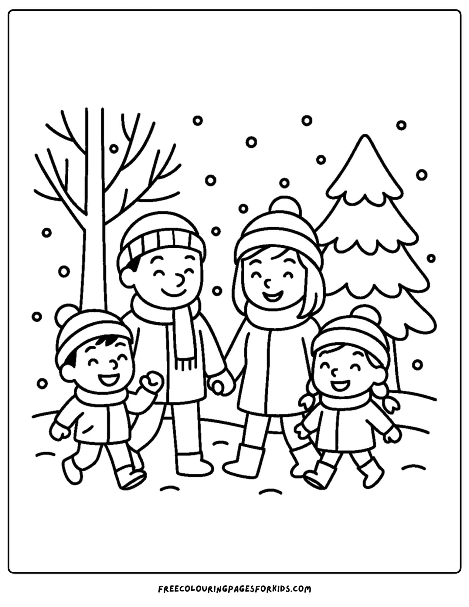 a winter coloring page of a family going on a snowy winter walk in the park