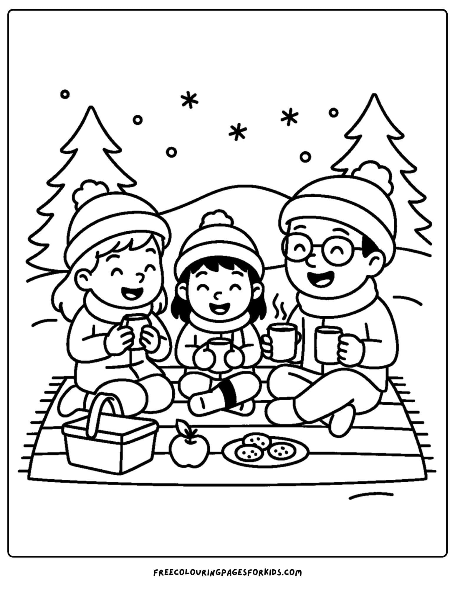 a winter coloring page of a family having a picnic in the snow