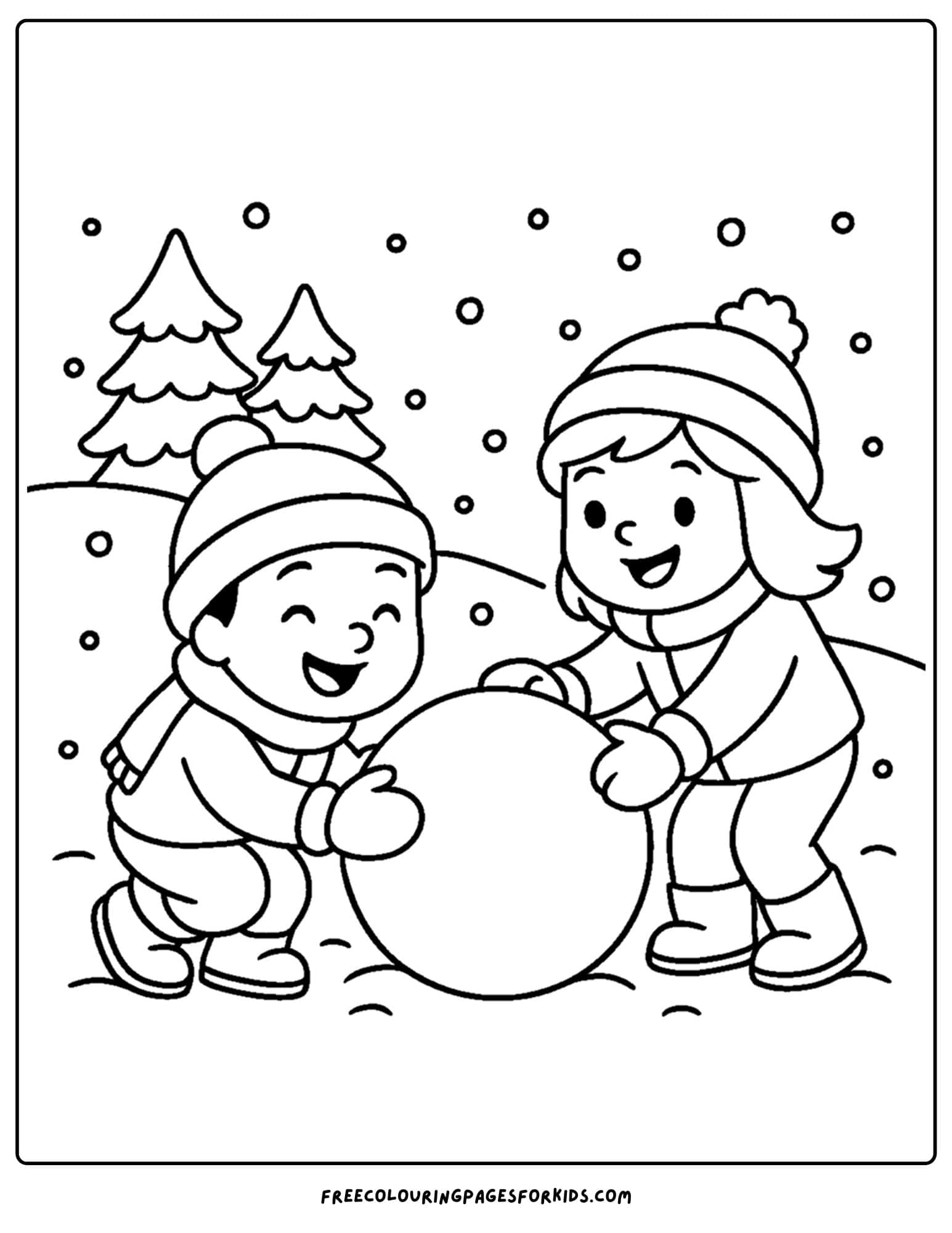 a winter coloring page of two friends rolling a giant snowball