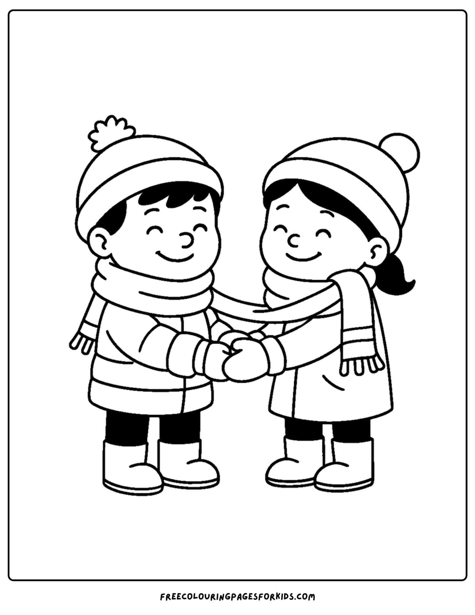 a winter coloring page of two kids sharing scarfs