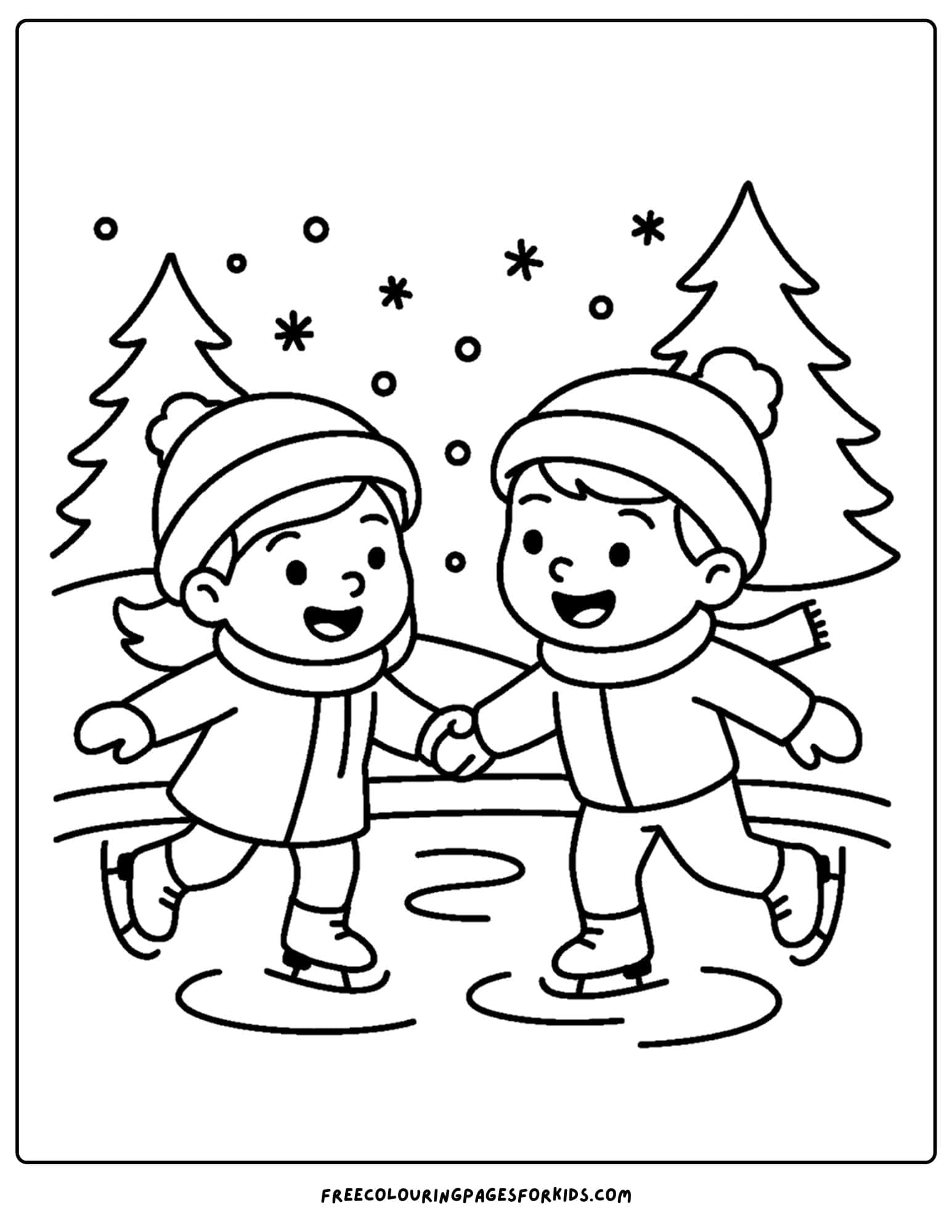 a winter coloring page of kids ice skating