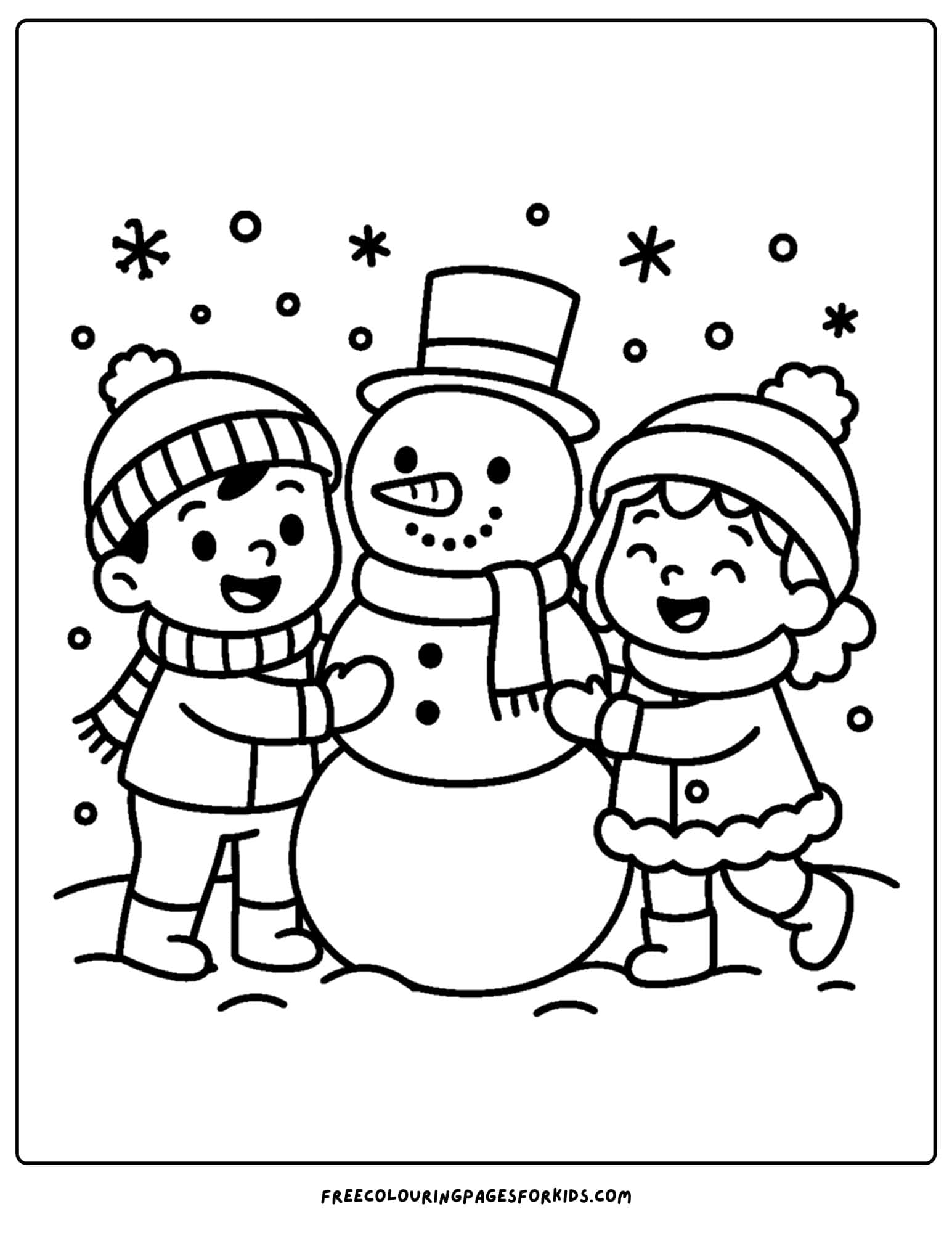 a winter coloring page of kids building a snow man