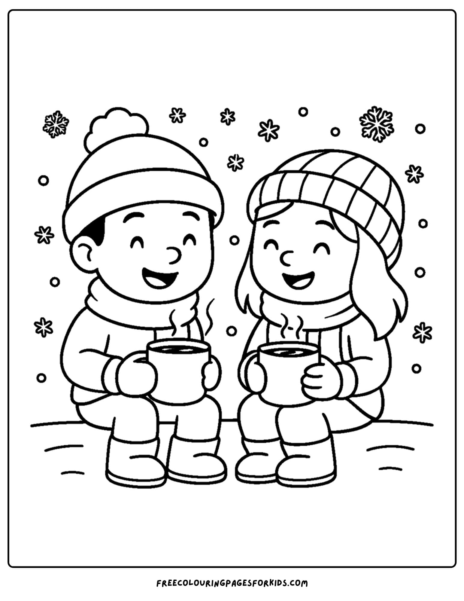 a winter coloring page of kids sitting around drinking hot chocolate