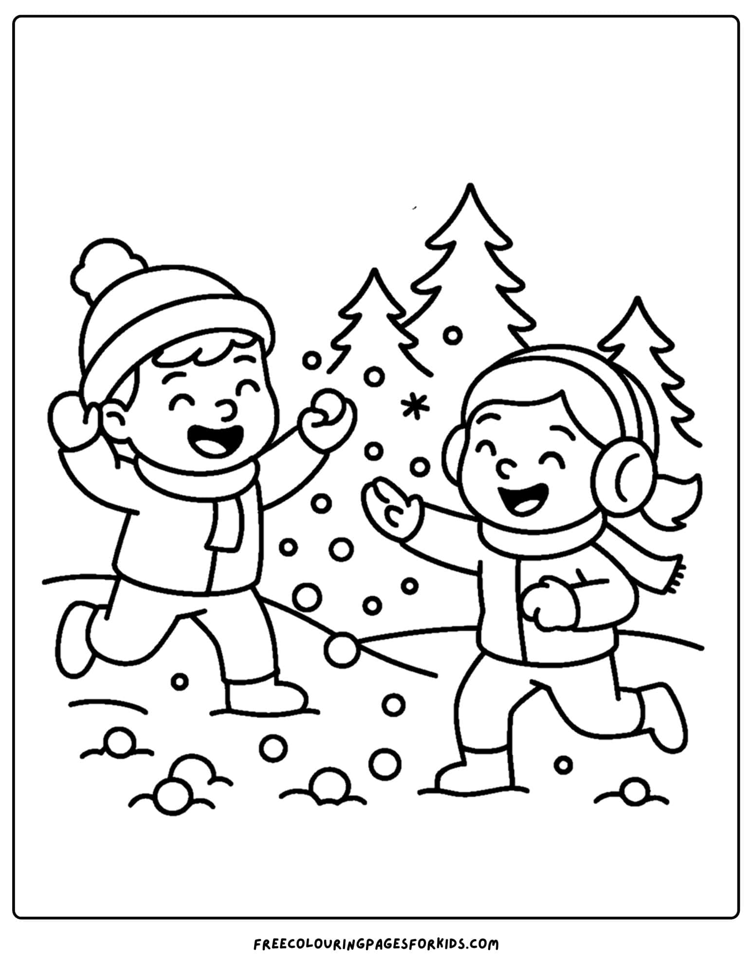 a winter coloring page of kids having a snowball fight