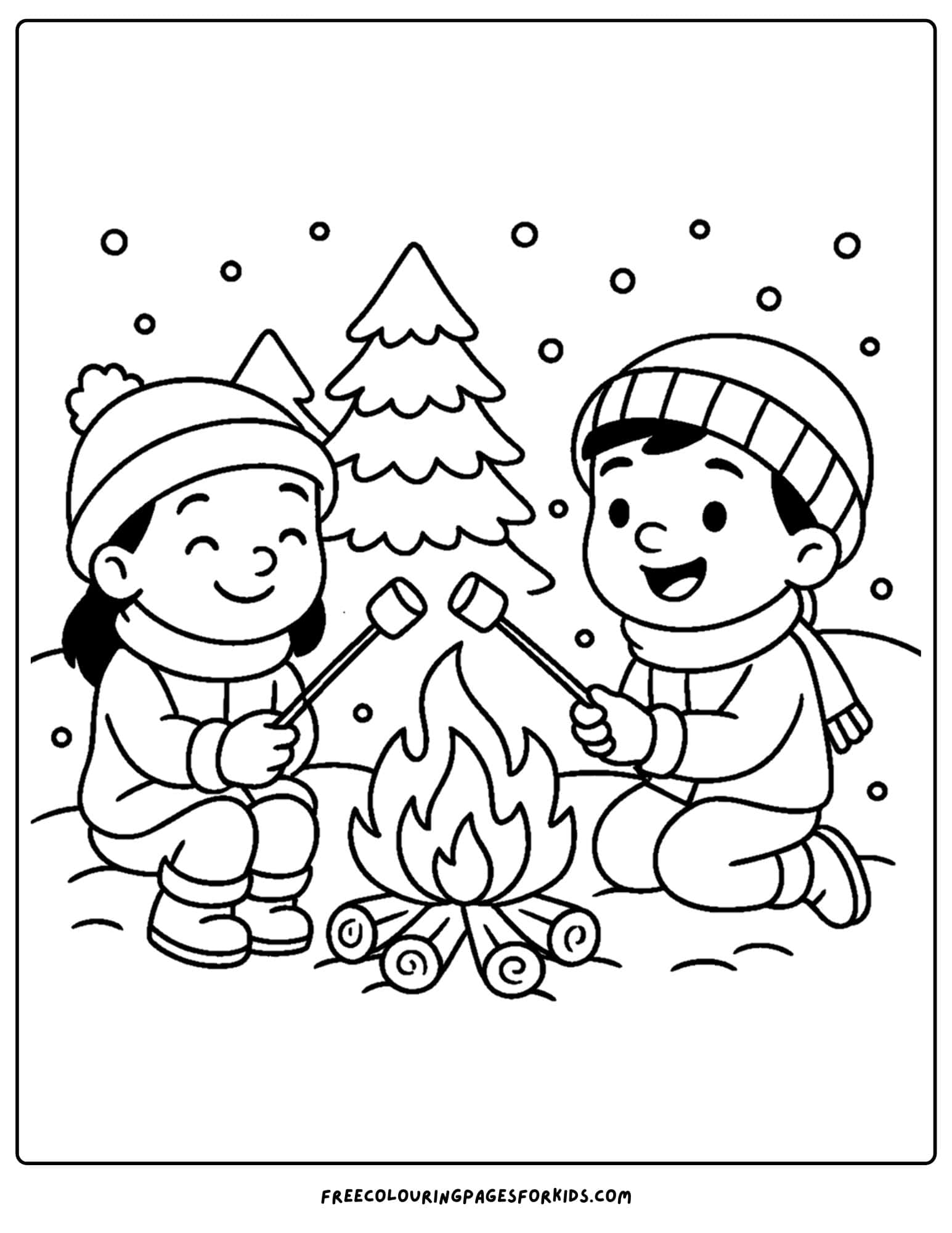 a winter coloring page of kids roasting marshmallows on a fire