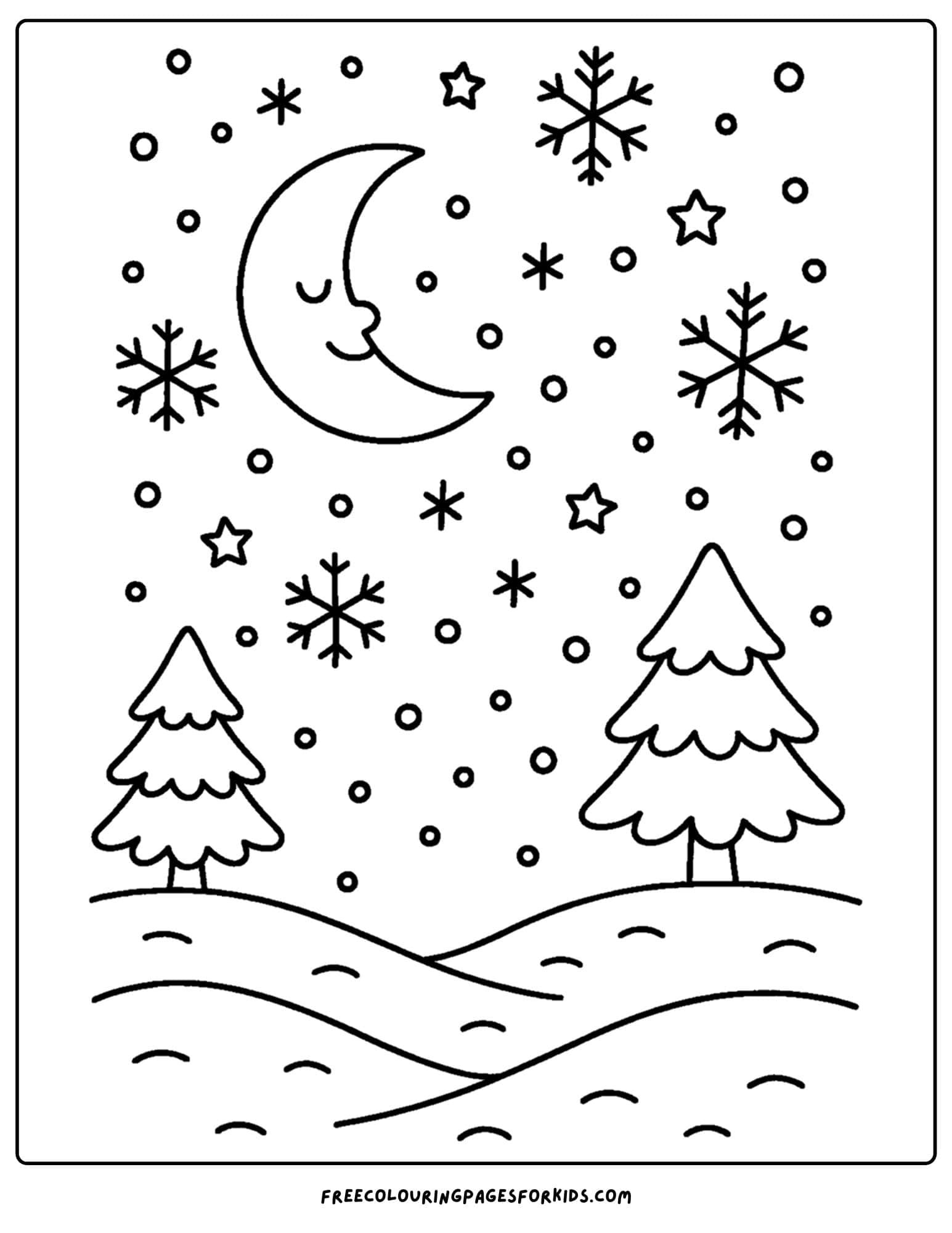 a winter coloring page of a night sky with snowflakes