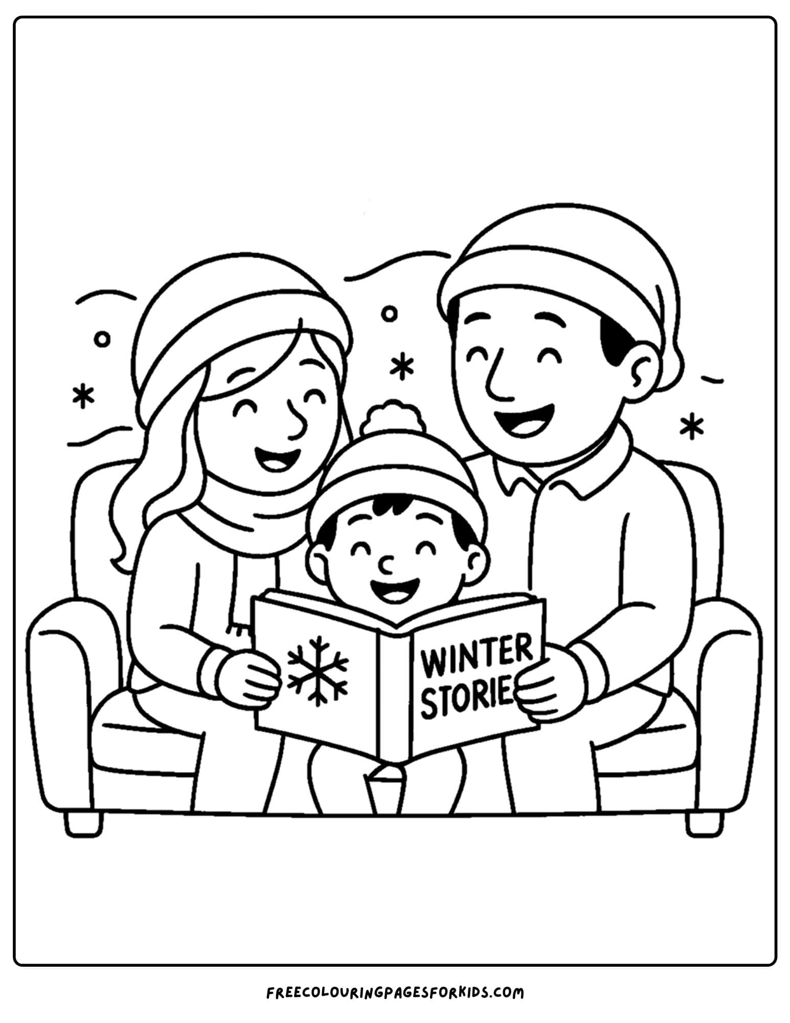 a winter coloring page of parents reading a story