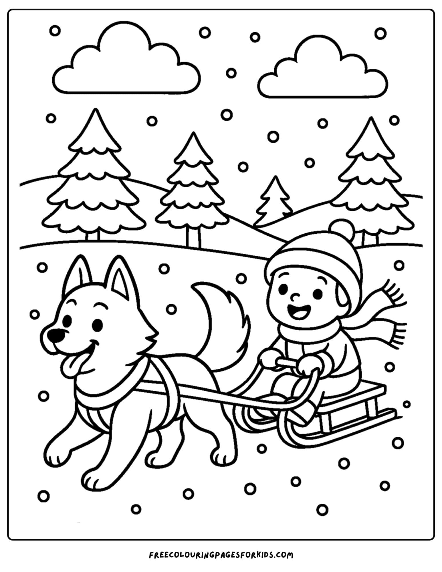 a winter coloring page of a sled dog pulling a sleigh with a child on it