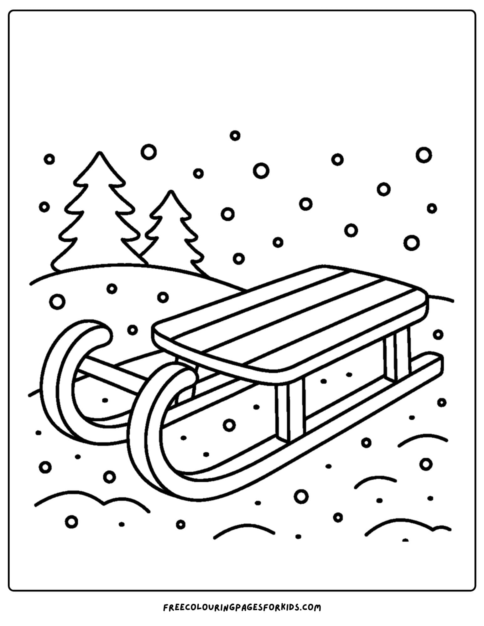 a winter coloring page of a sled sitting on the snow