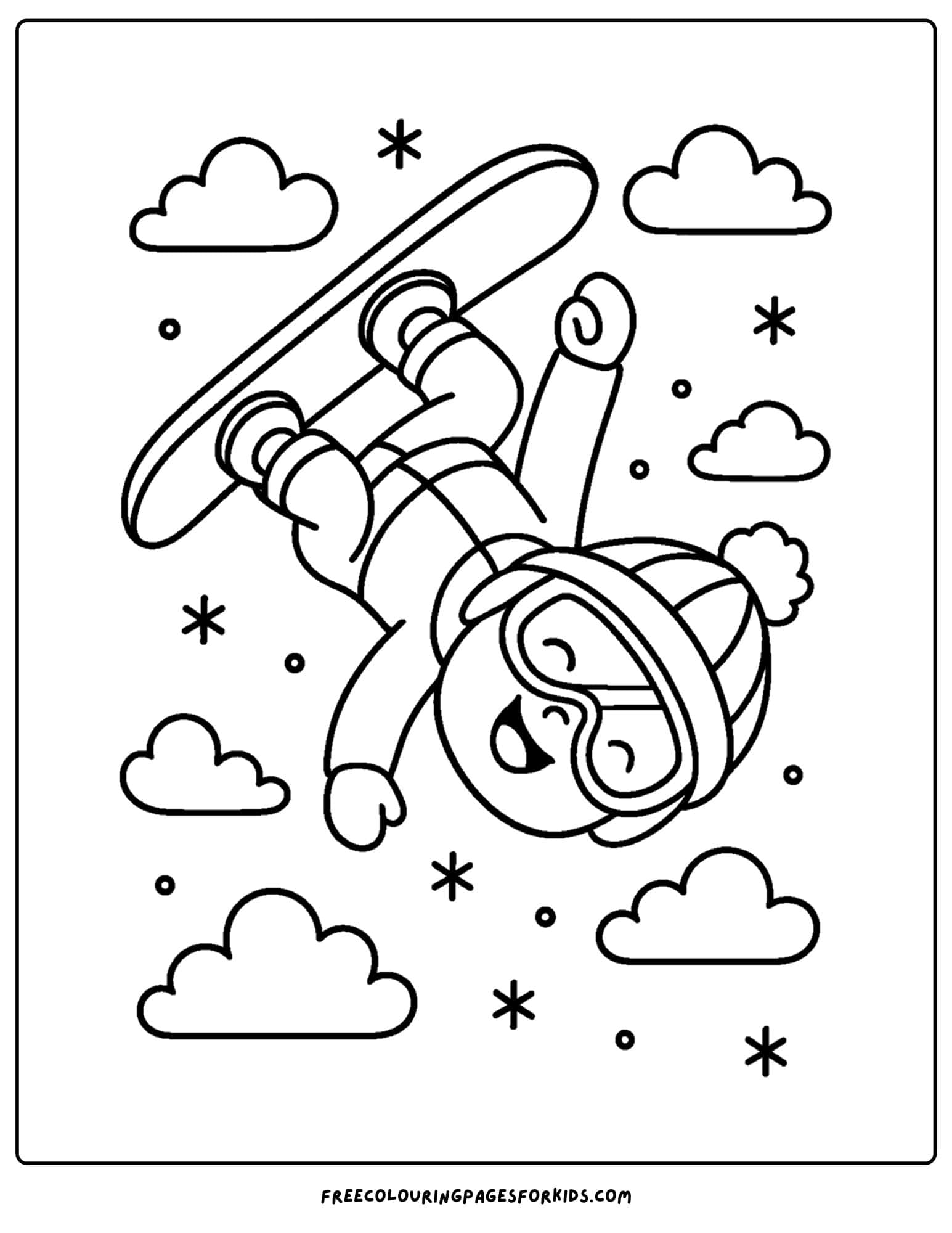 a winter coloring page of a child doing a flip snowboarding