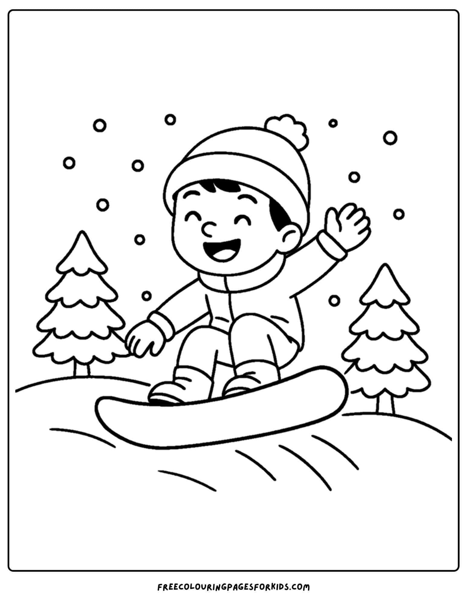 a winter coloring page of a child snowboarding