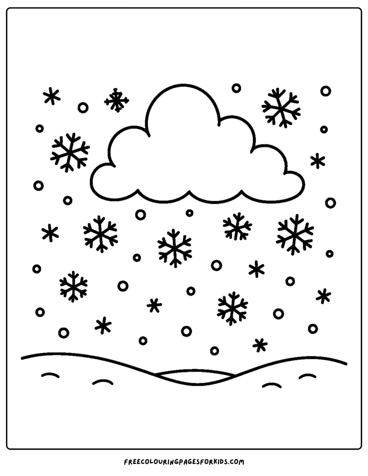 a winter coloring page of a cloud with snowflakes falling