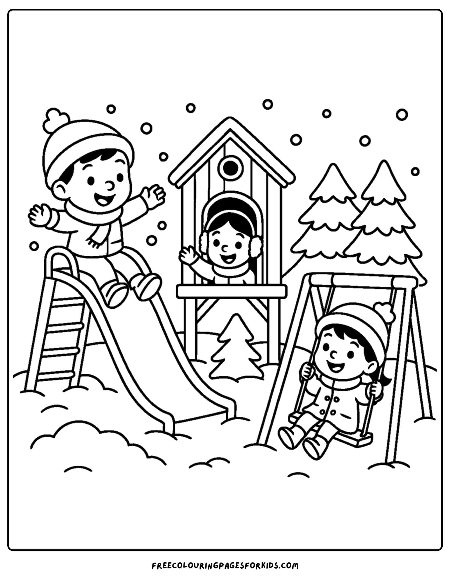 a winter coloring page of kids playing on snow covered playground equipment