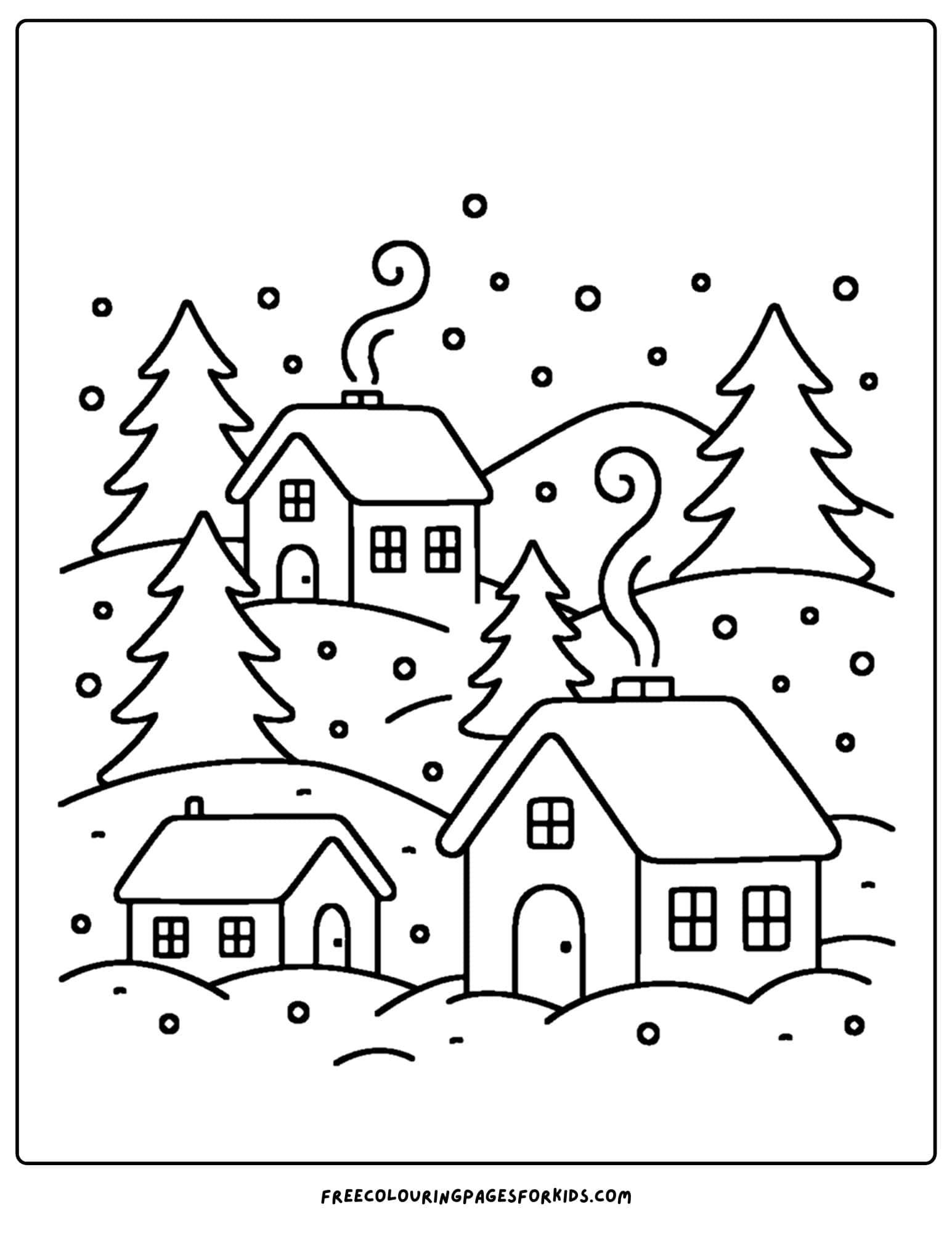 a winter coloring page of a snowy winter village scene