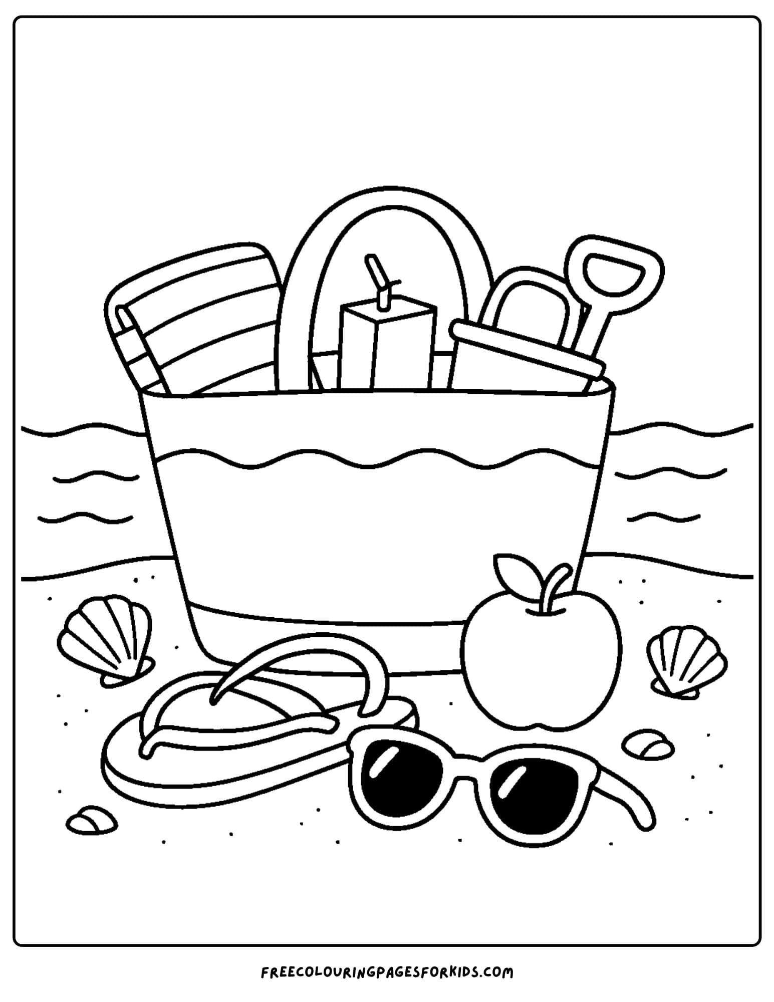 a beach coloring page featuring a bag full of beach toys and snacks