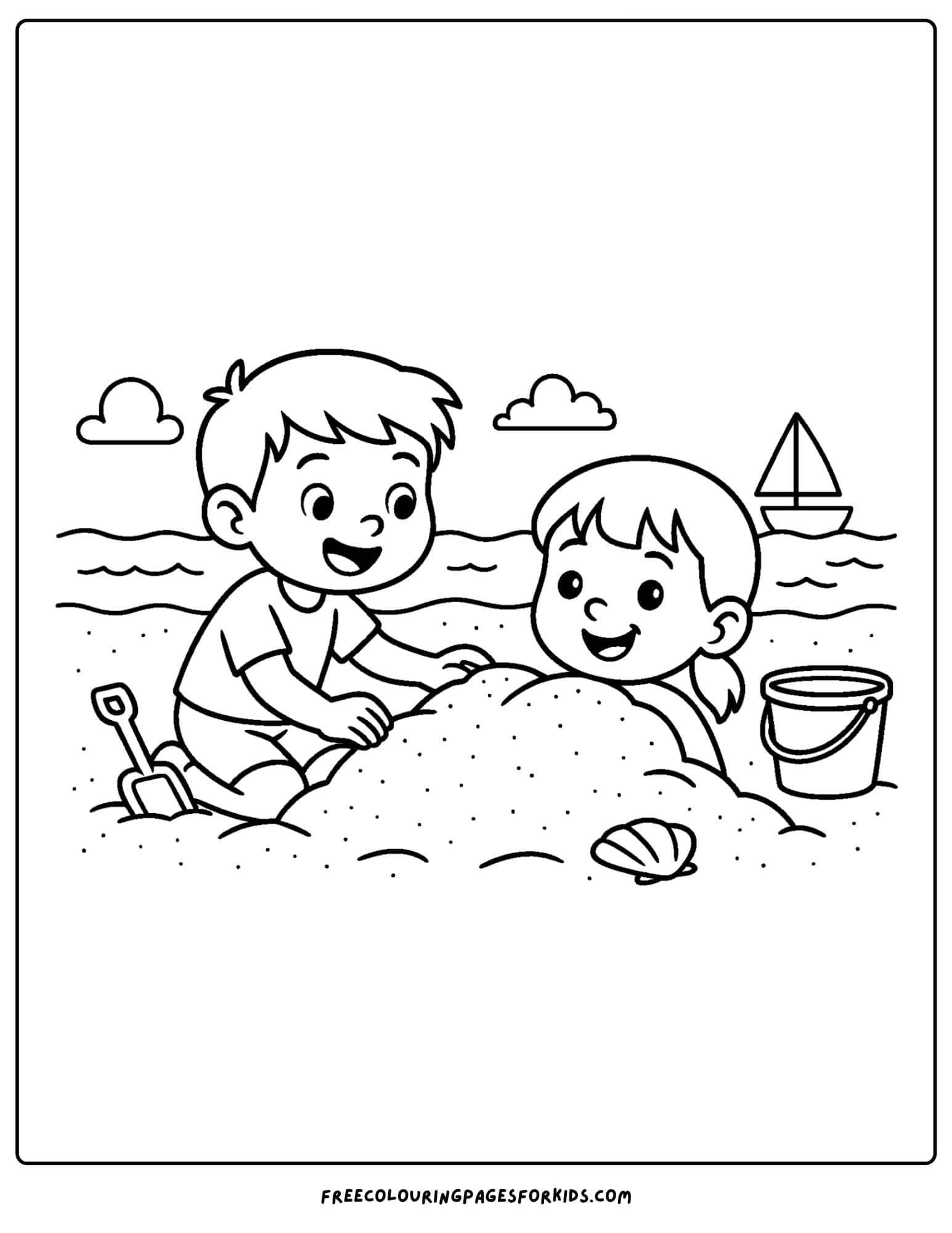 a beach coloring page featuring a child burying another child on the beach