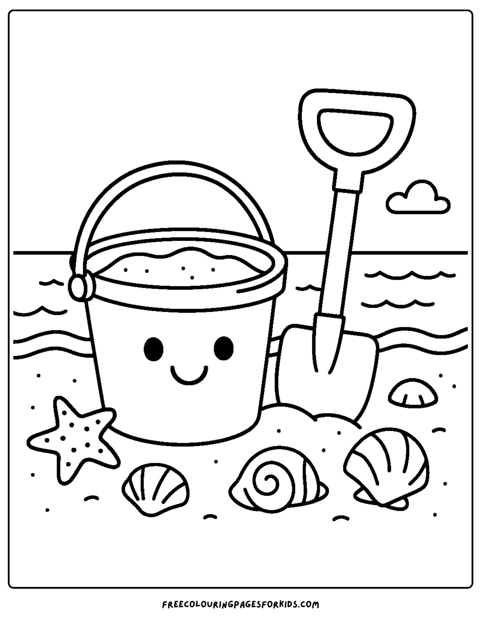 a beach coloring page featuring a bucket and spade in the sand