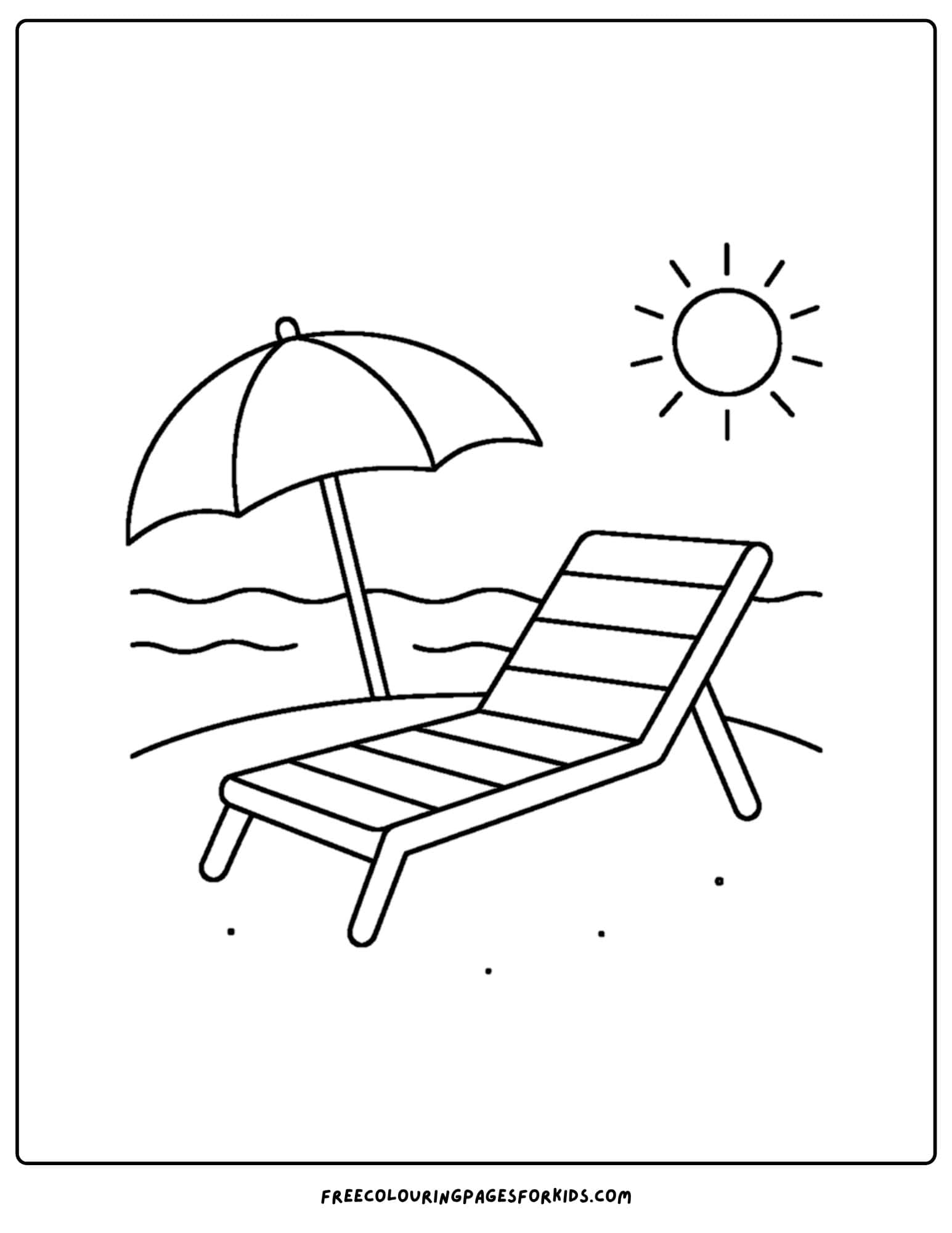 a beach coloring page featuring a beach chair and an umbrella at the beach