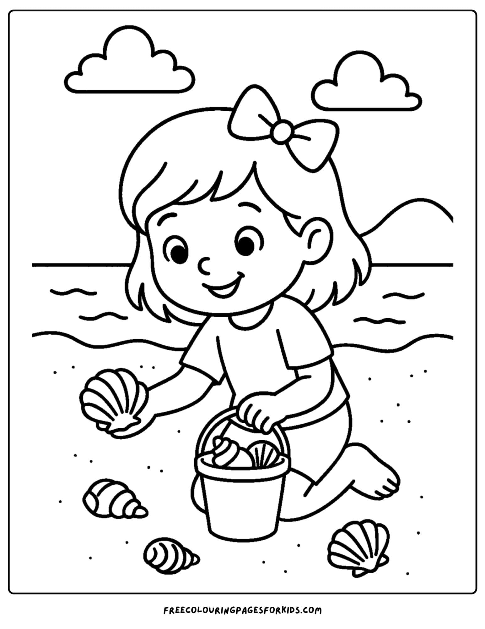 a beach coloring page featuring a child collecting seashells in a bucket