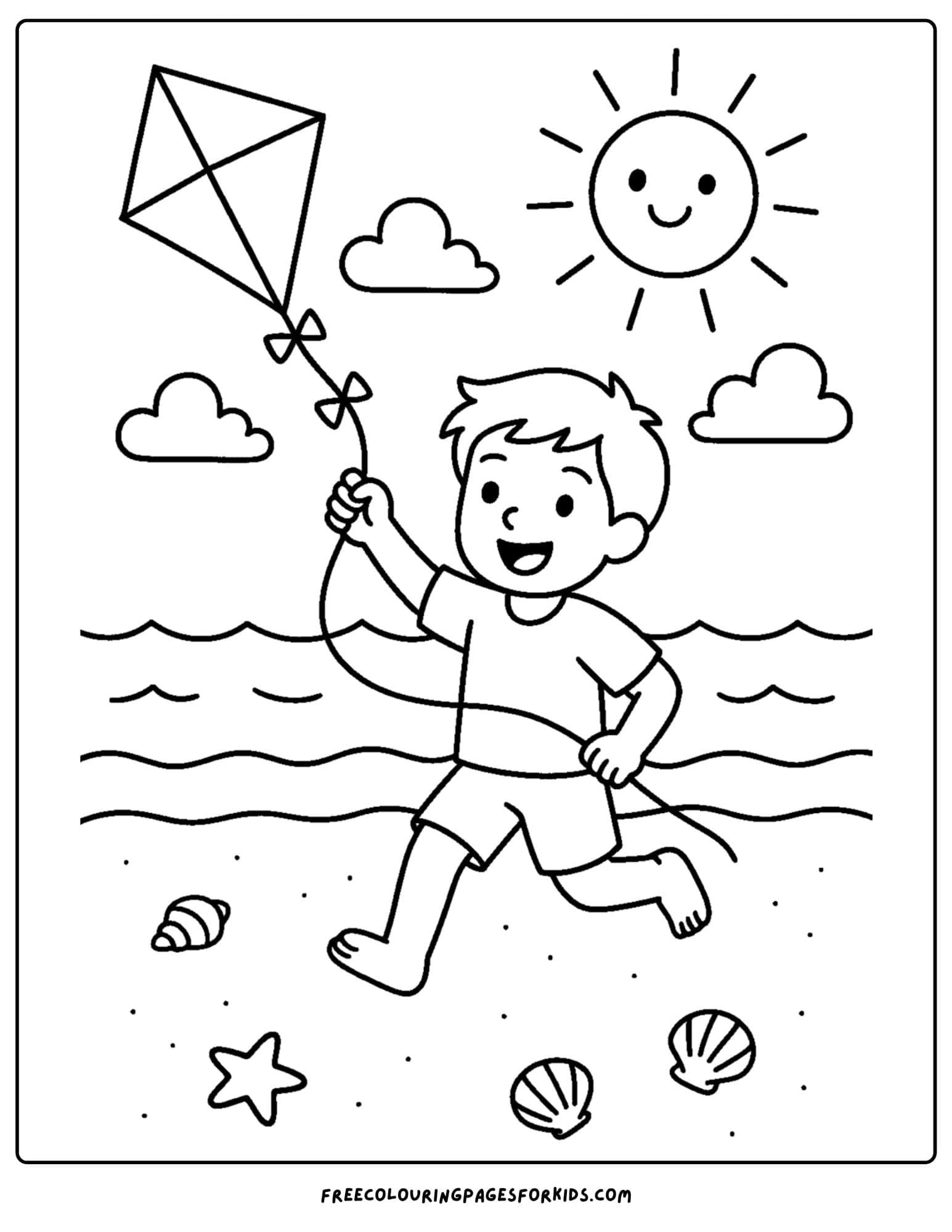 a beach coloring page featuring a boy flying a kite along the shoreline