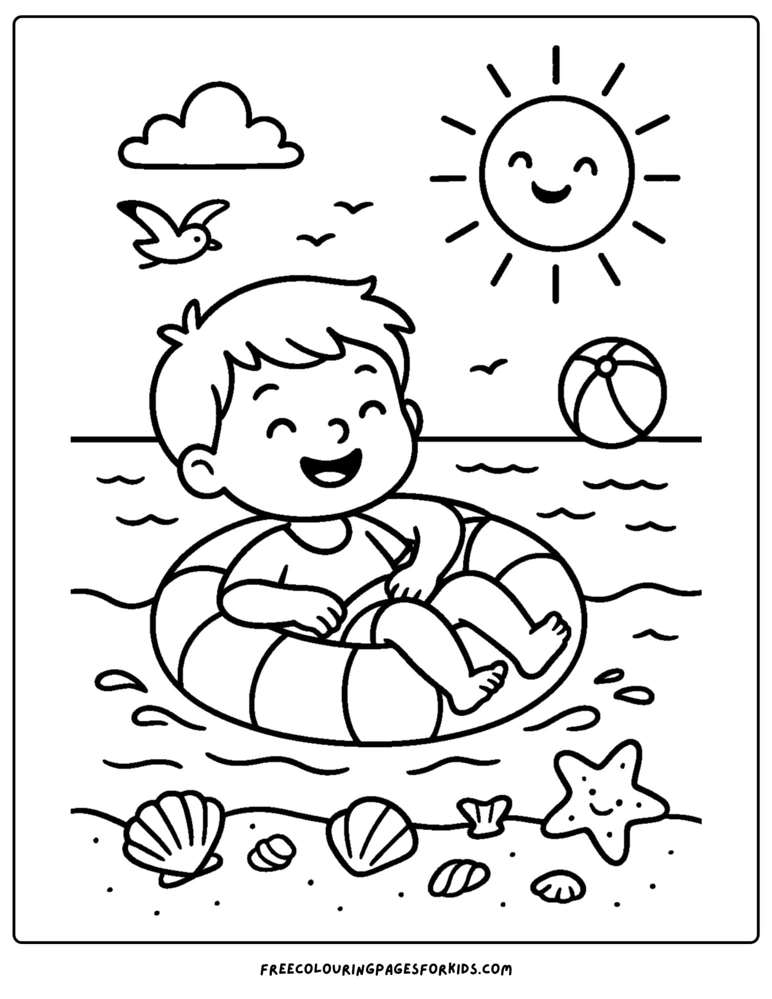 a beach coloring page featuring a child in an inflatable ring floating in the water