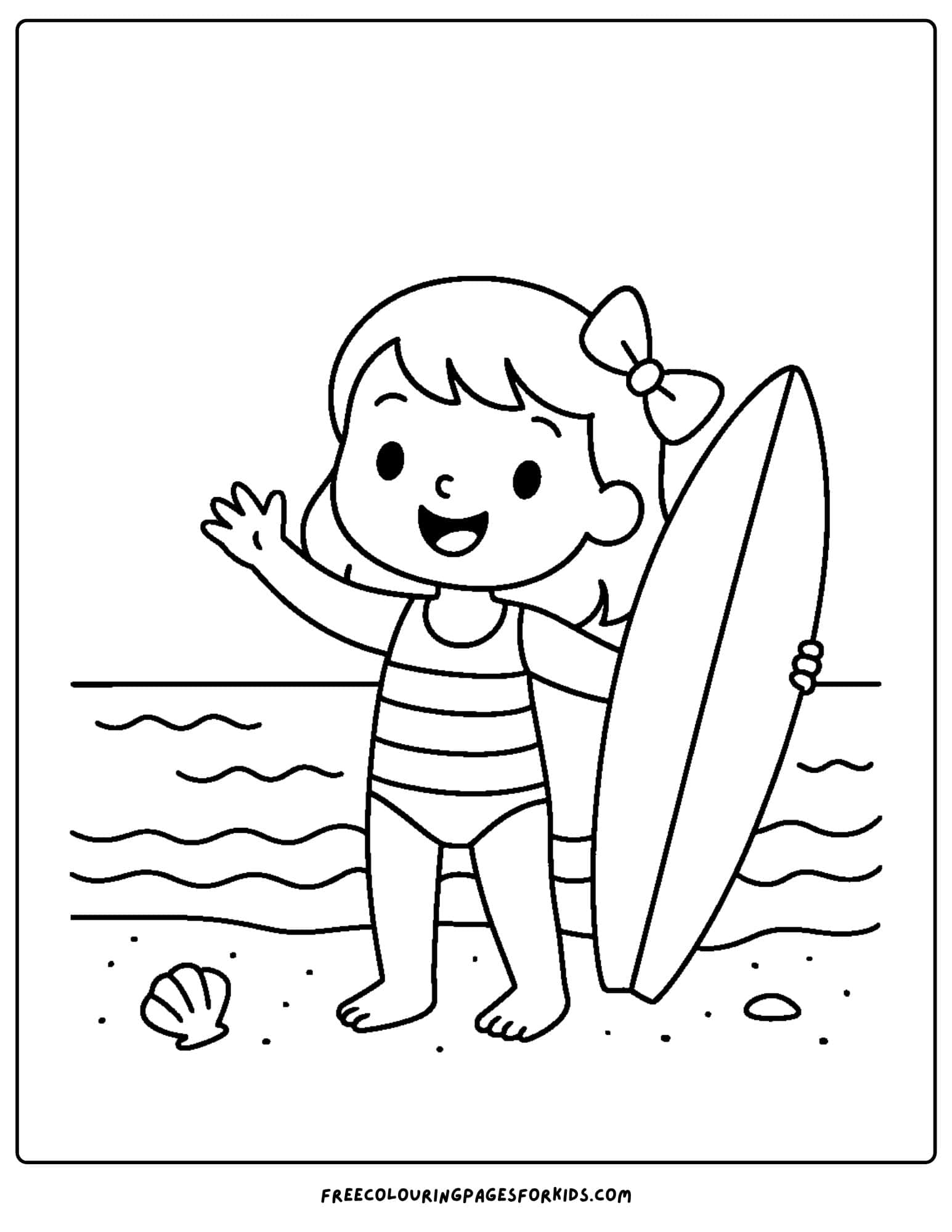 a beach coloring page featuring a girl holding a surfboard to go surfing