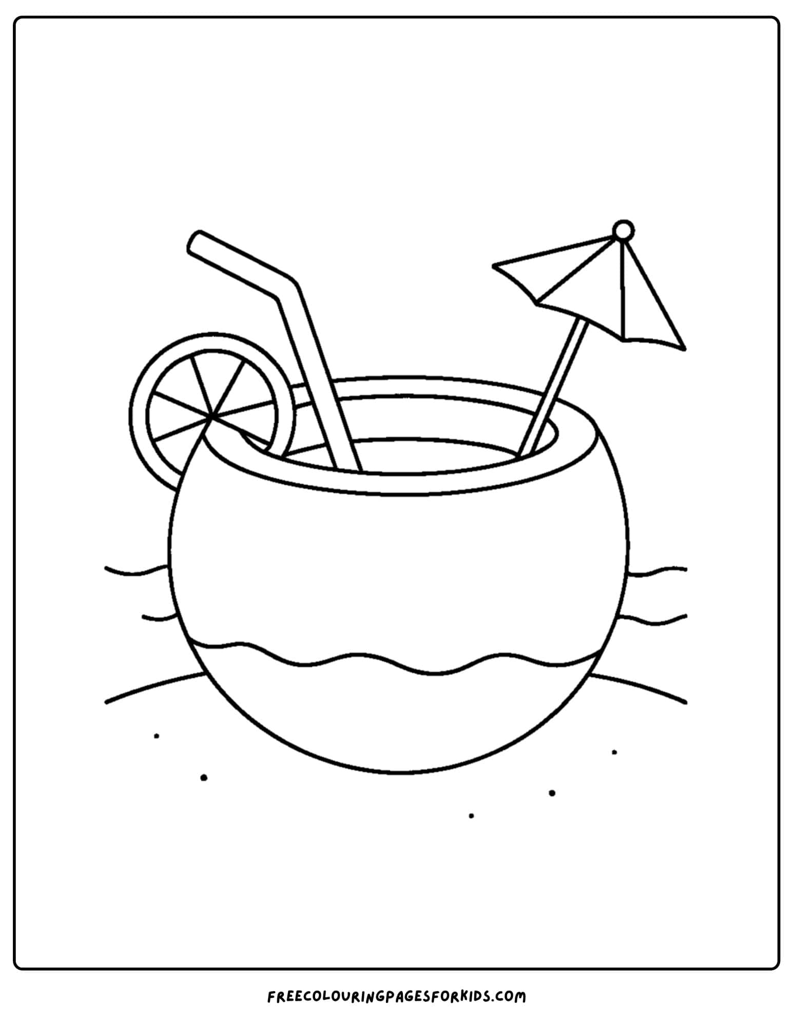 a beach coloring page featuring a coconut drink with little umbrella
