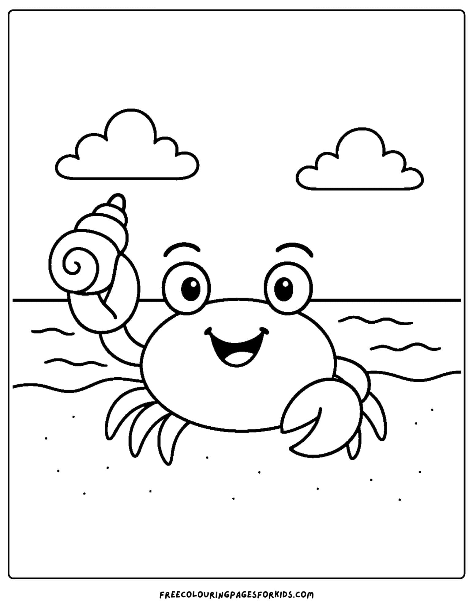 a beach coloring page featuring a crab holding a shell at the beach