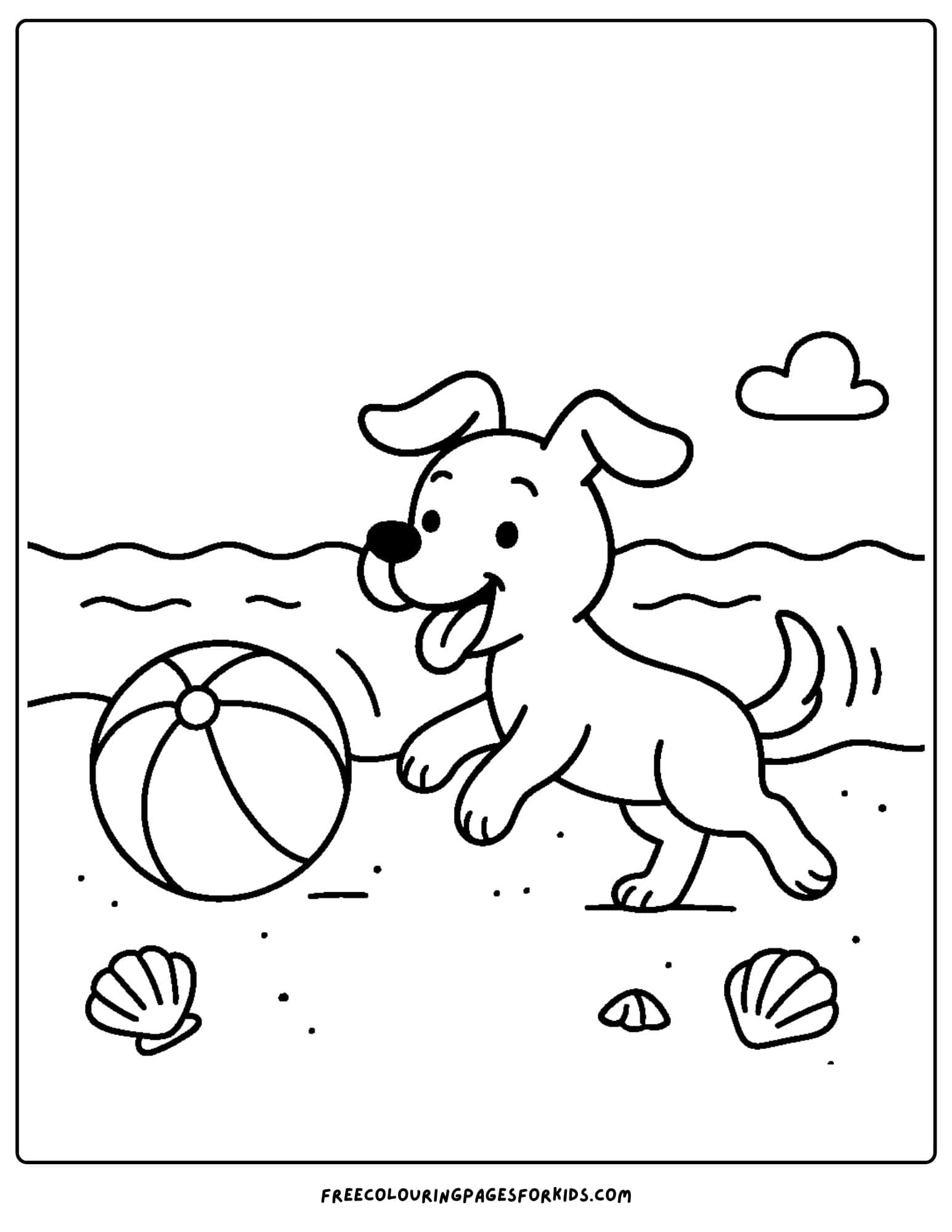 a beach coloring page featuring a dog playing with a ball on the sand