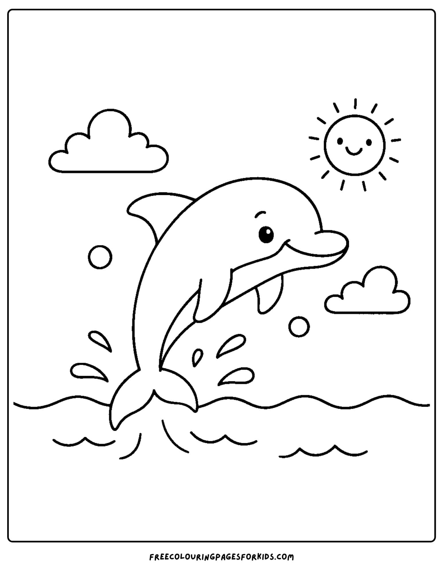 a beach coloring page featuring a dolphin jumping out of the water