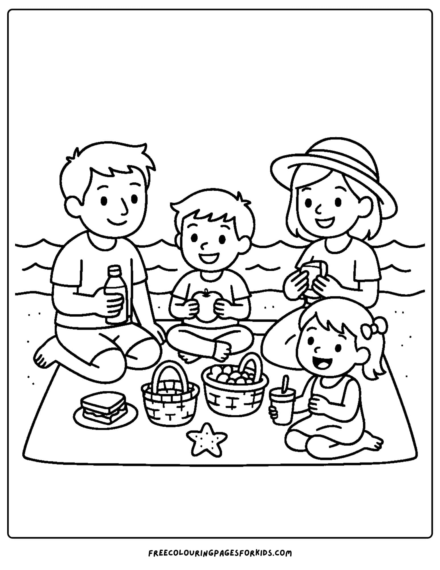 a beach coloring page featuring a familg having a picnic on the beach