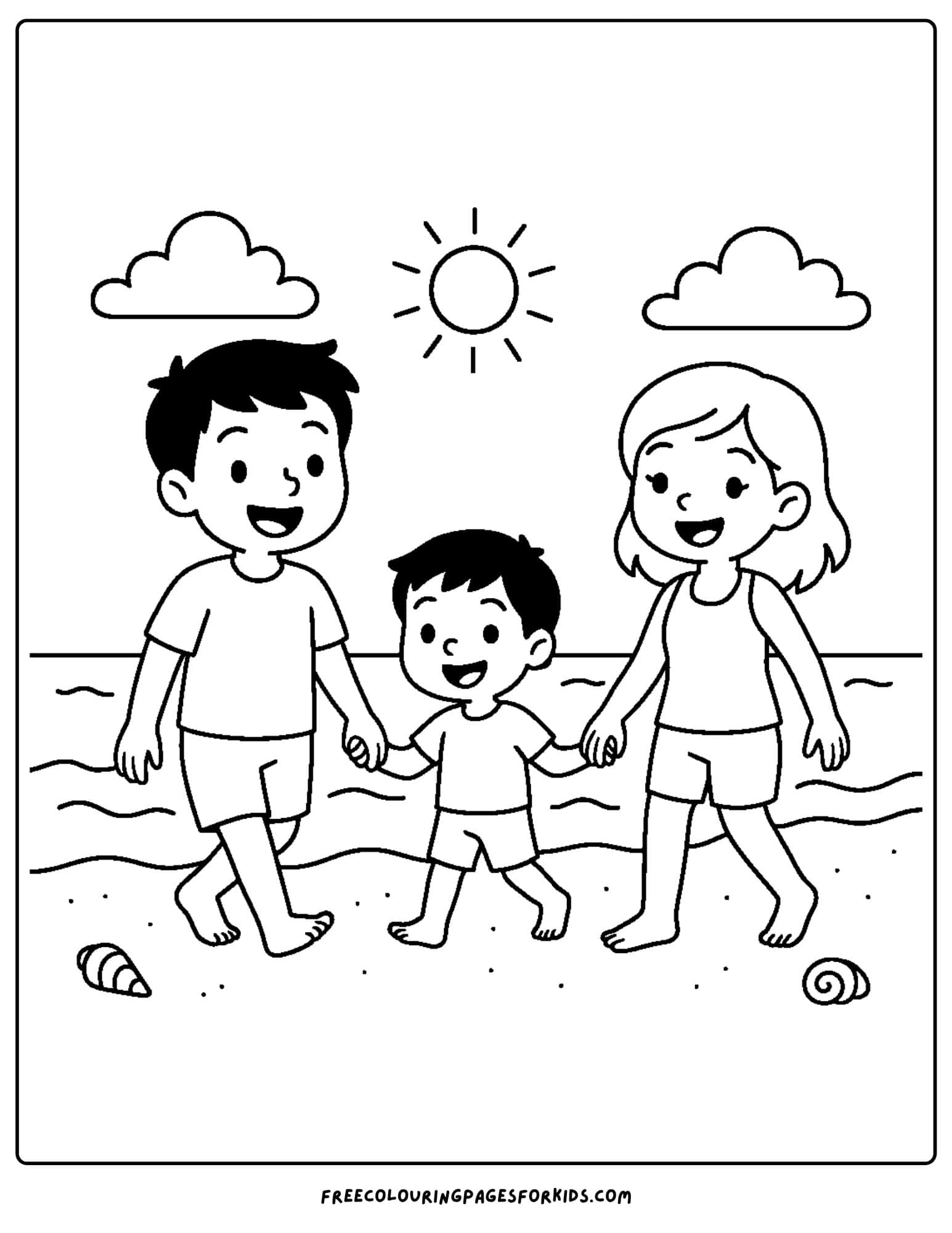 a beach coloring page featuring a family walking aound the shoreline at the beach