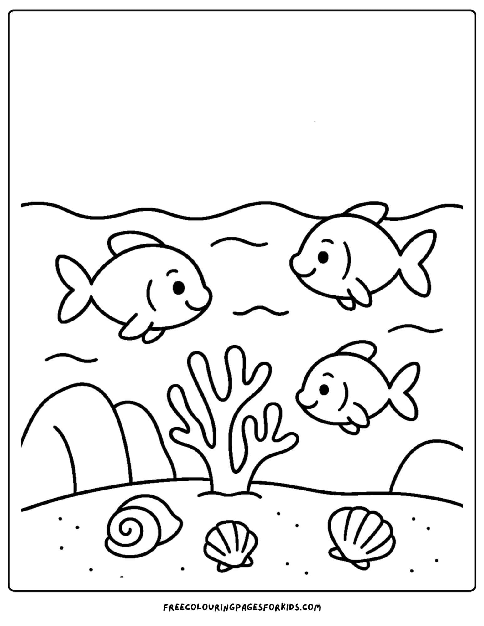 a beach coloring page featuring fish swimming around the coral