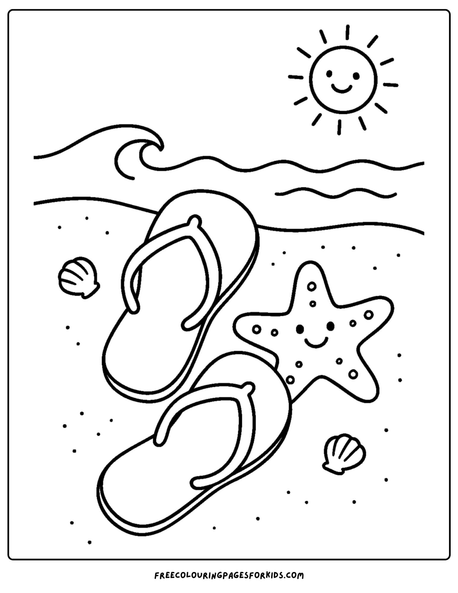 a beach coloring page featuring a pair of flip flops on the beach next to a starfish