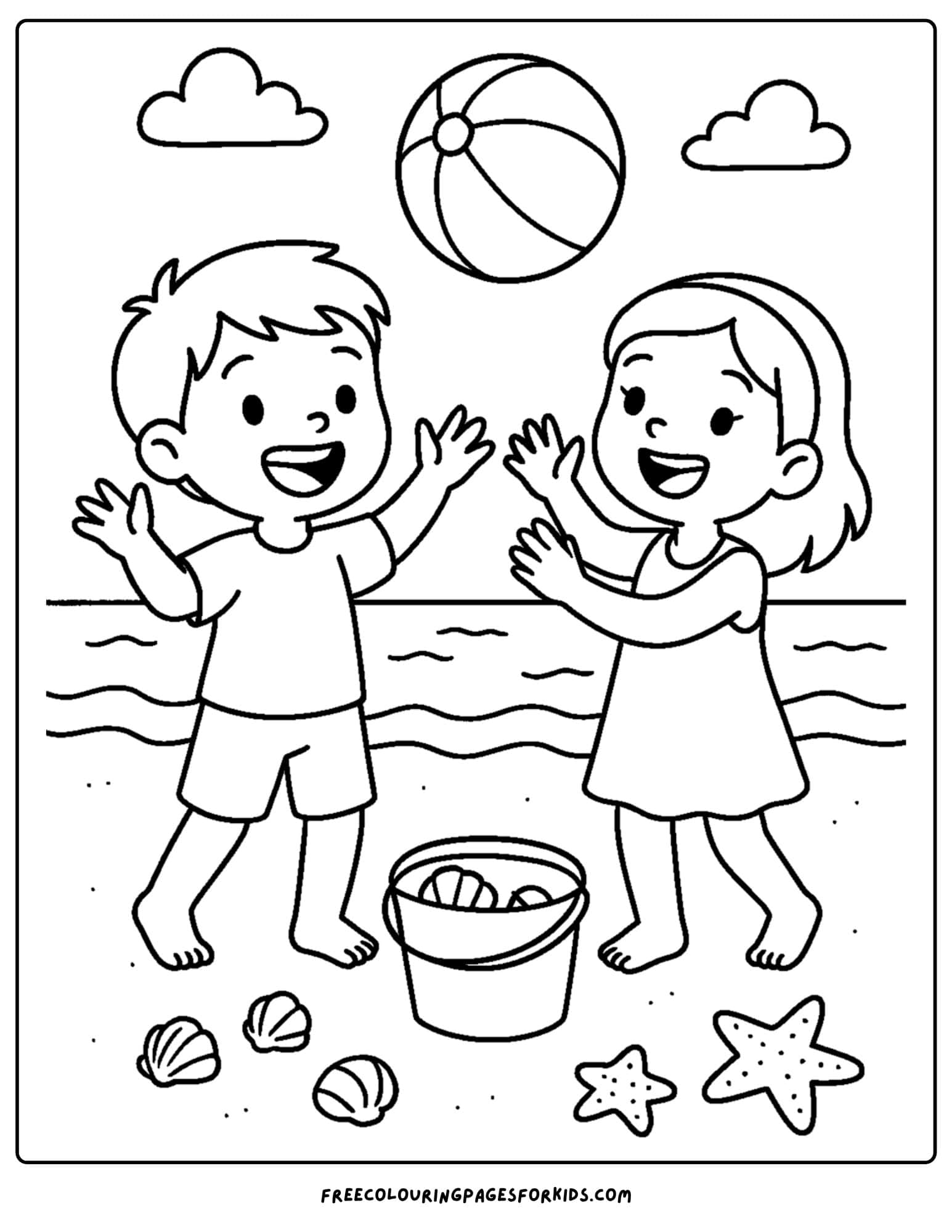 a beach coloring page featuring two friends paying with a beach ball on the sand