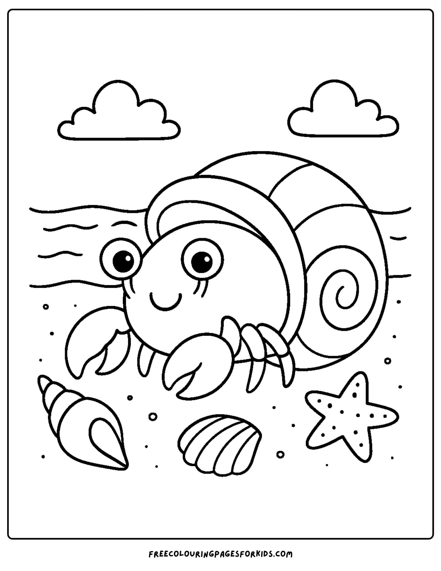 a beach coloring page featuring a hermit crab on the beach with shells around