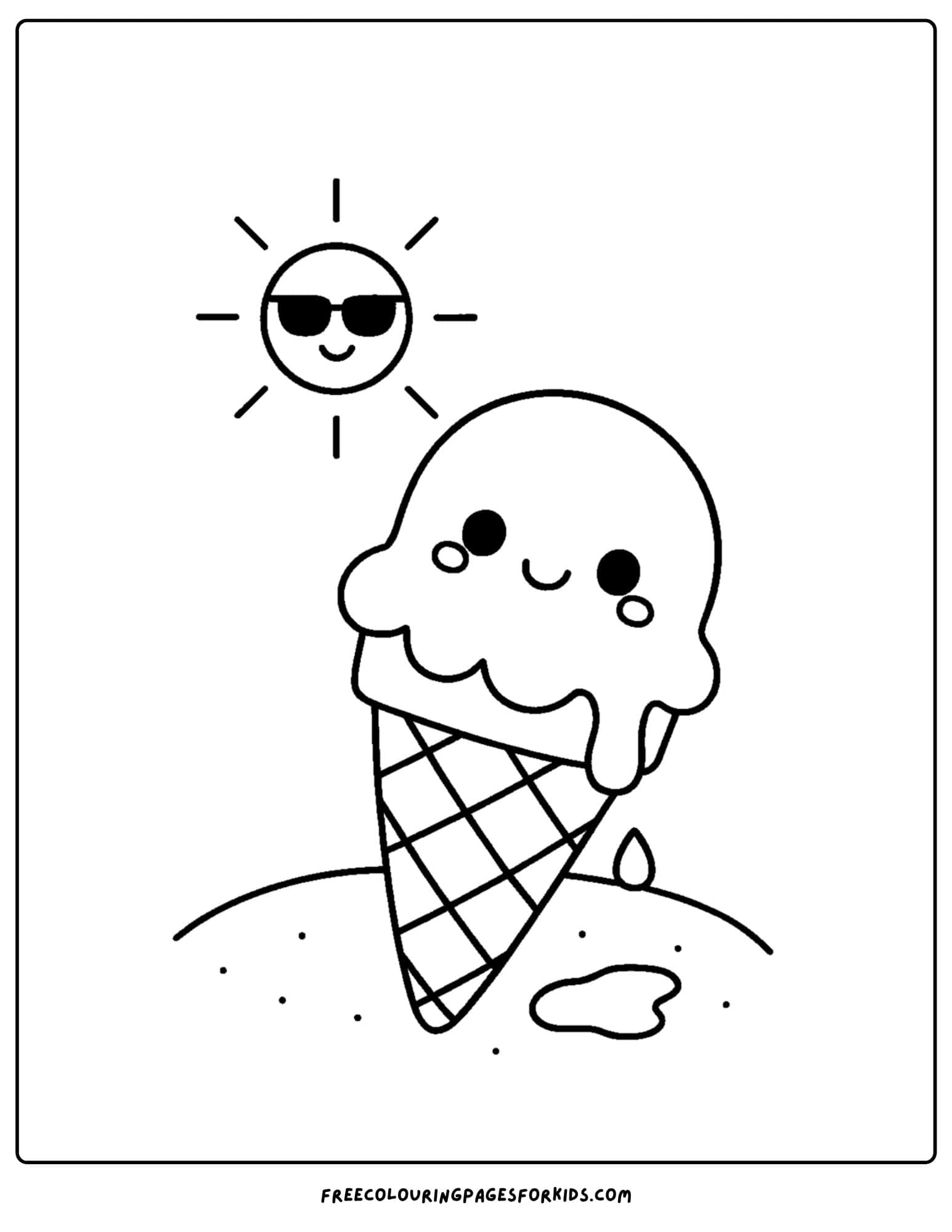 a beach coloring page featuring an ice cream melting under the sun