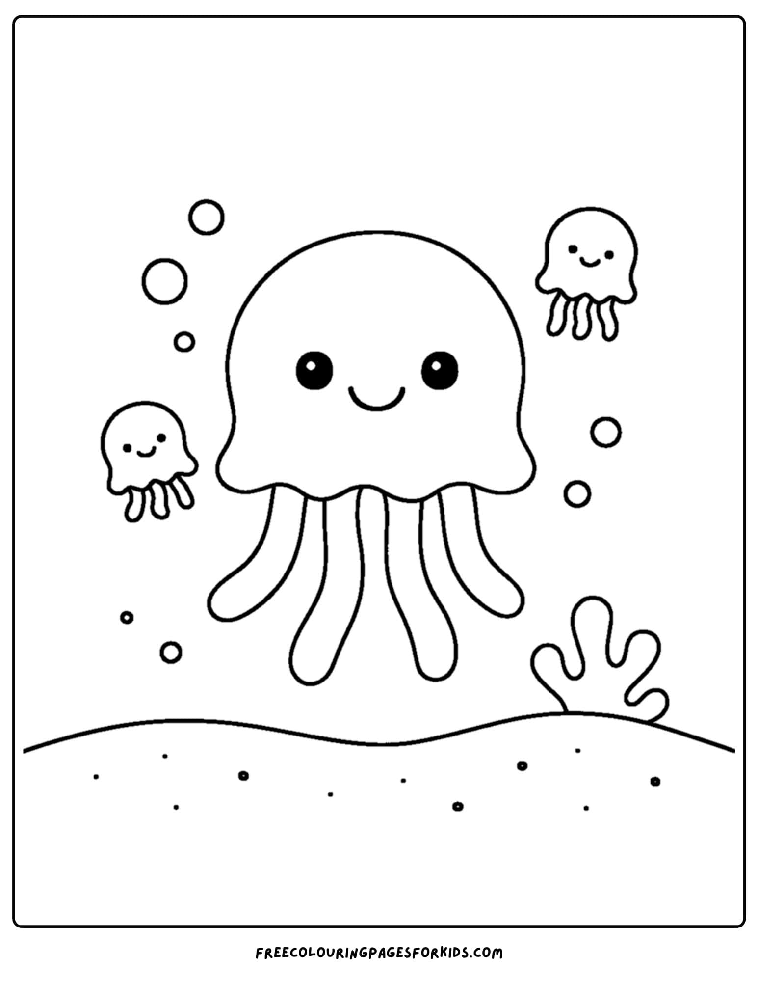 a beach coloring page featuring a jellyfish drifting along in the water
