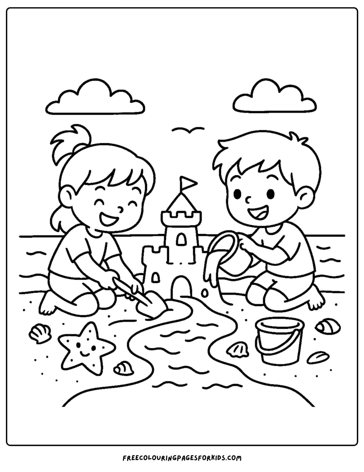 a beach coloring page featuring kids building a water moat around a sand castle