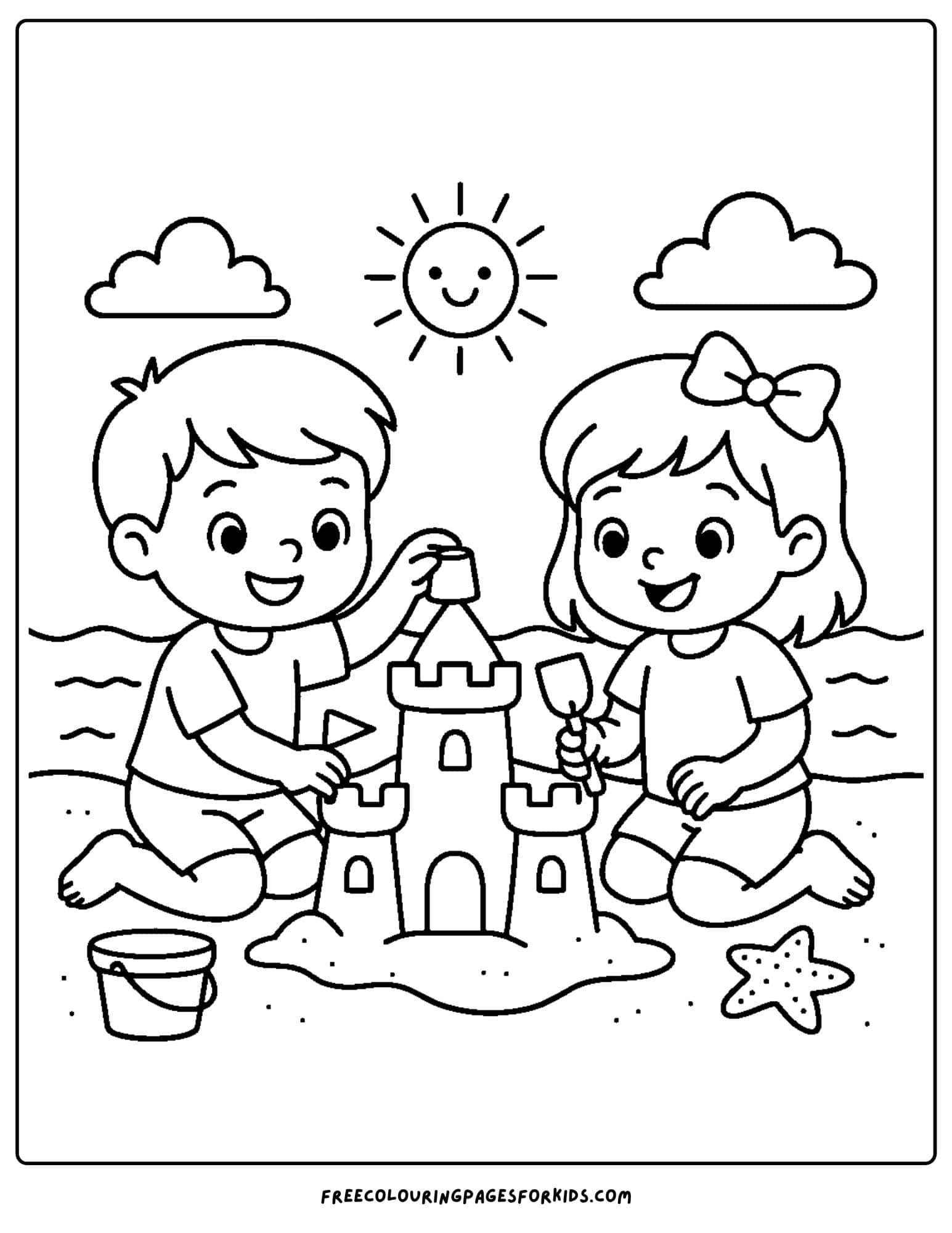 a beach coloring page featuring kids building a sandcastle